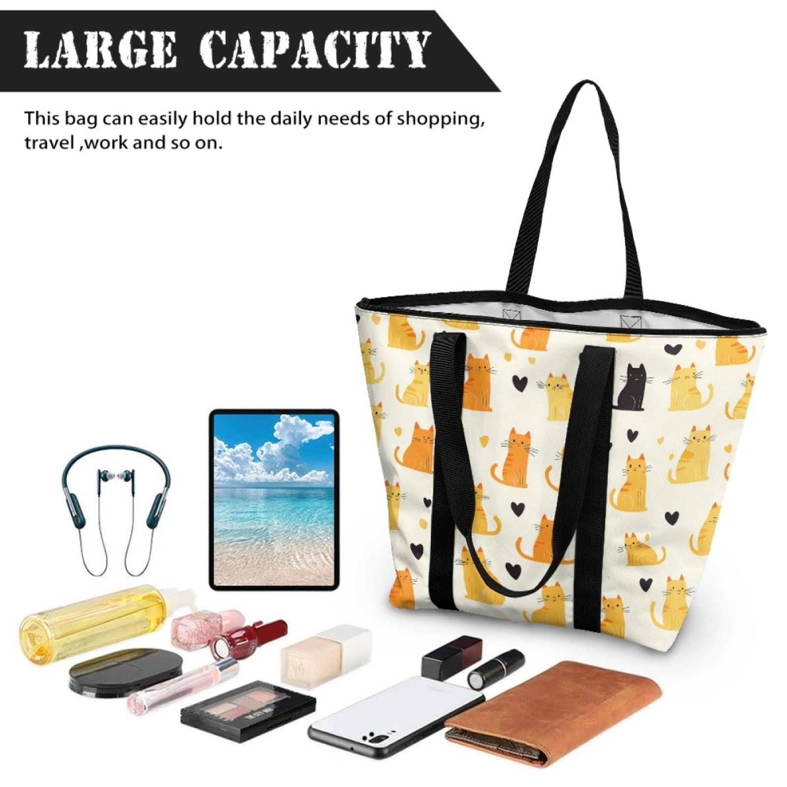 Tote Bag Tela Bolsas de Tela Poliéster Bolso de Mano de Mujer Reutilizable Bolsa Compra Plegable Tote Bag Cremallera Bolso Viaje Duradero Totebag