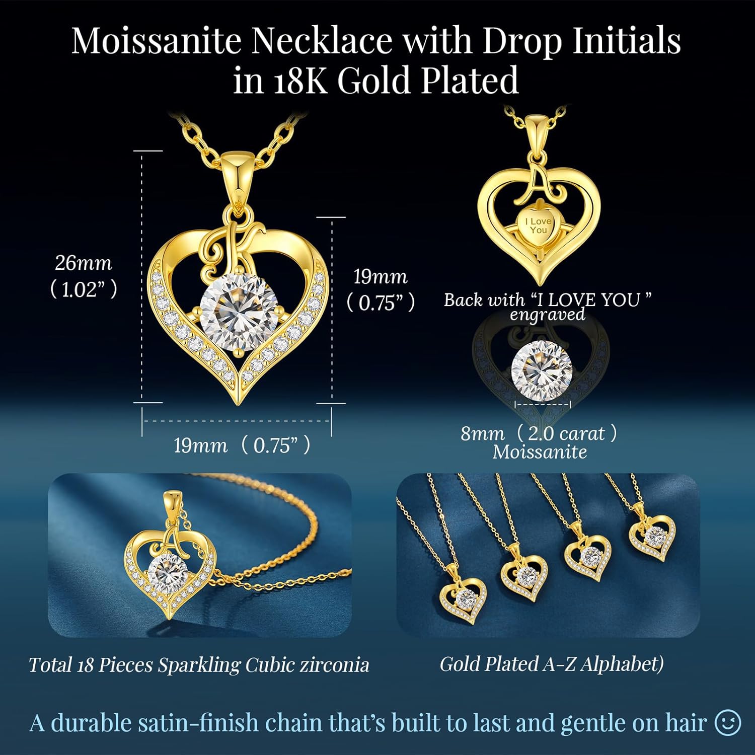 CDE Valentines Day Gift 18K Gold Plated Initial Love Heart 2 Carat Moissanite Necklaces for Women 925 Sterling Silver Jewelry Christmas Anniversary Birthday Present Gifts for Wife Lady Girlfriend Her - Image 5