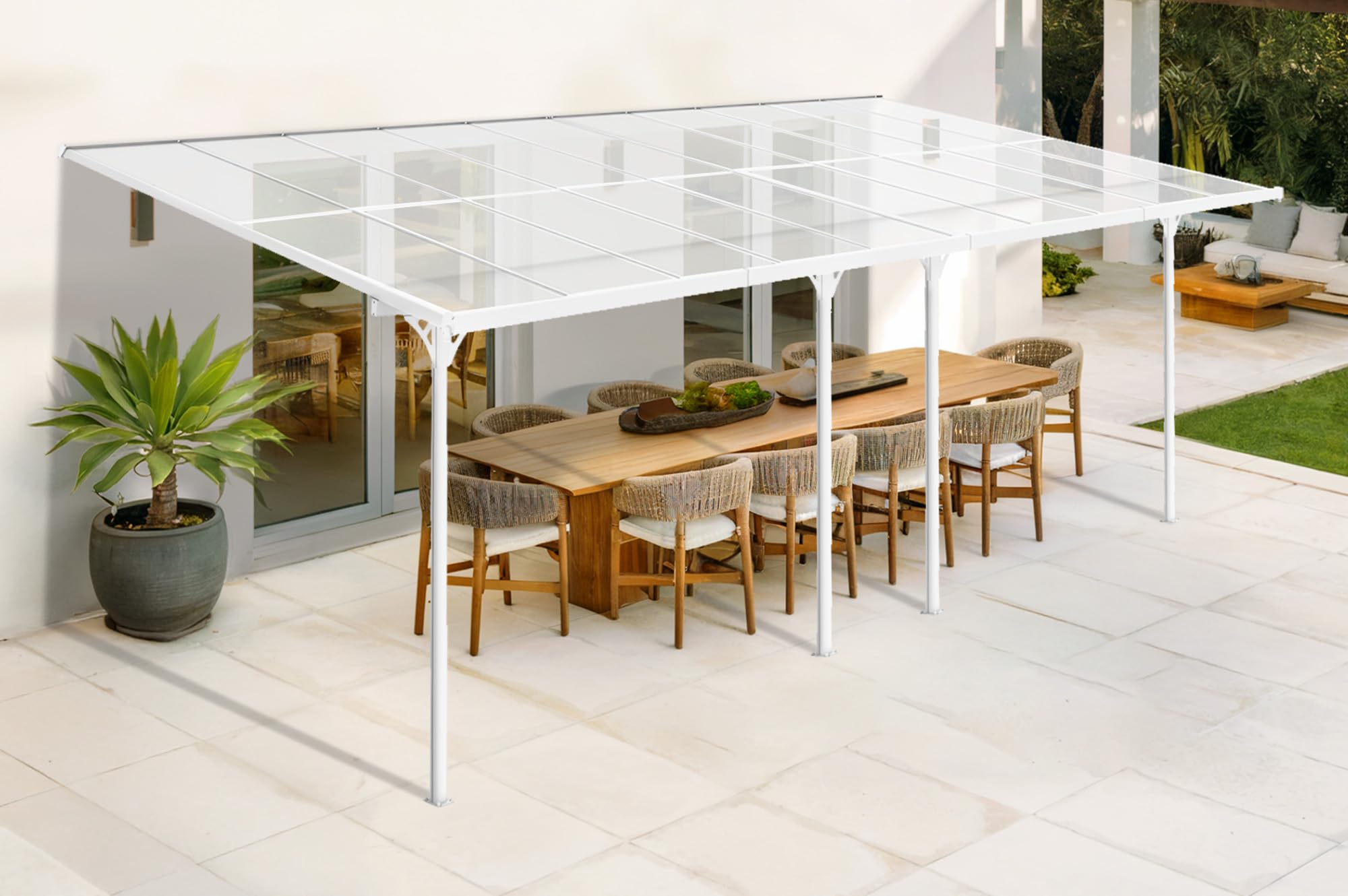 Cazeboo Carport Abri Voiture Toit Terrasse KLEO – 18 m² 6x3 m Aluminium Blanc Polycarbonate Anti-UV – Pergola adossée Robuste Anti-Rouille – Protection Pluie Neige Soleil – 626 x 300 cm