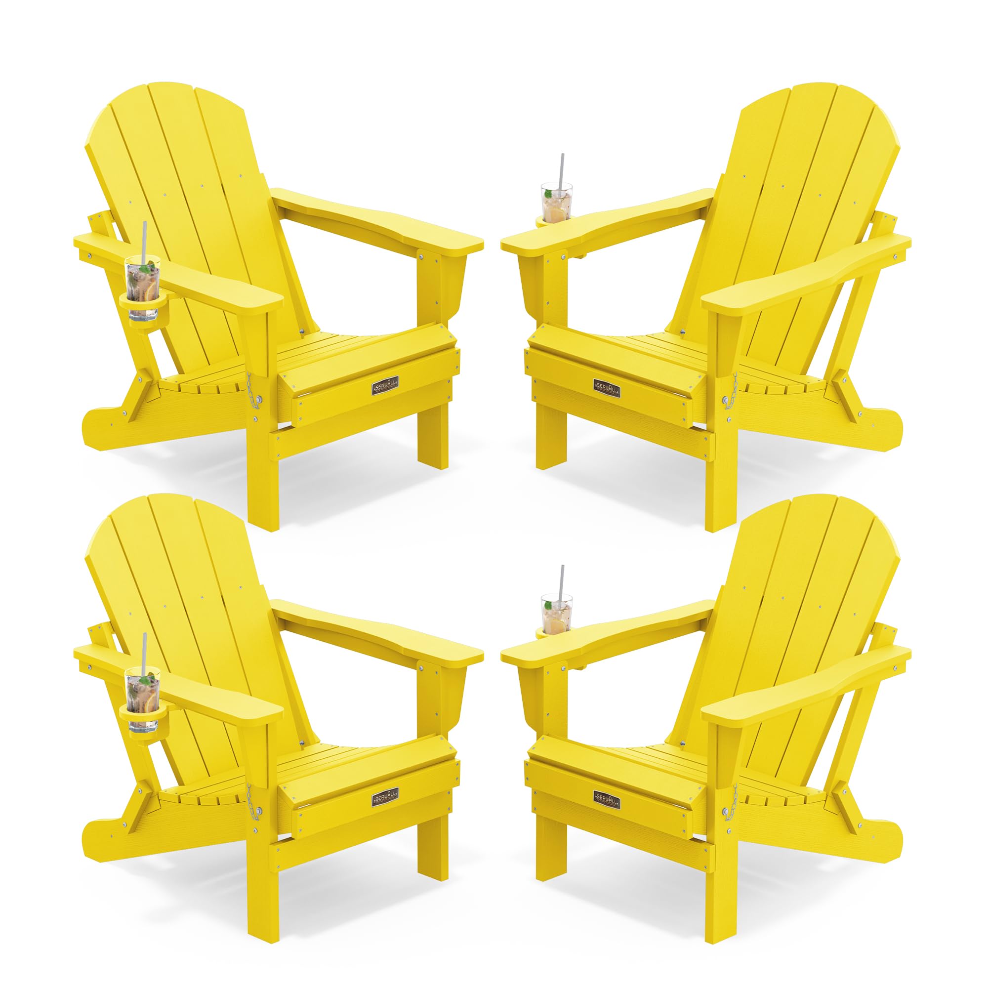 SERWALL Folding Adirondack Chair Set of 4,HIPS Chairs with Cup Holder-Lemon