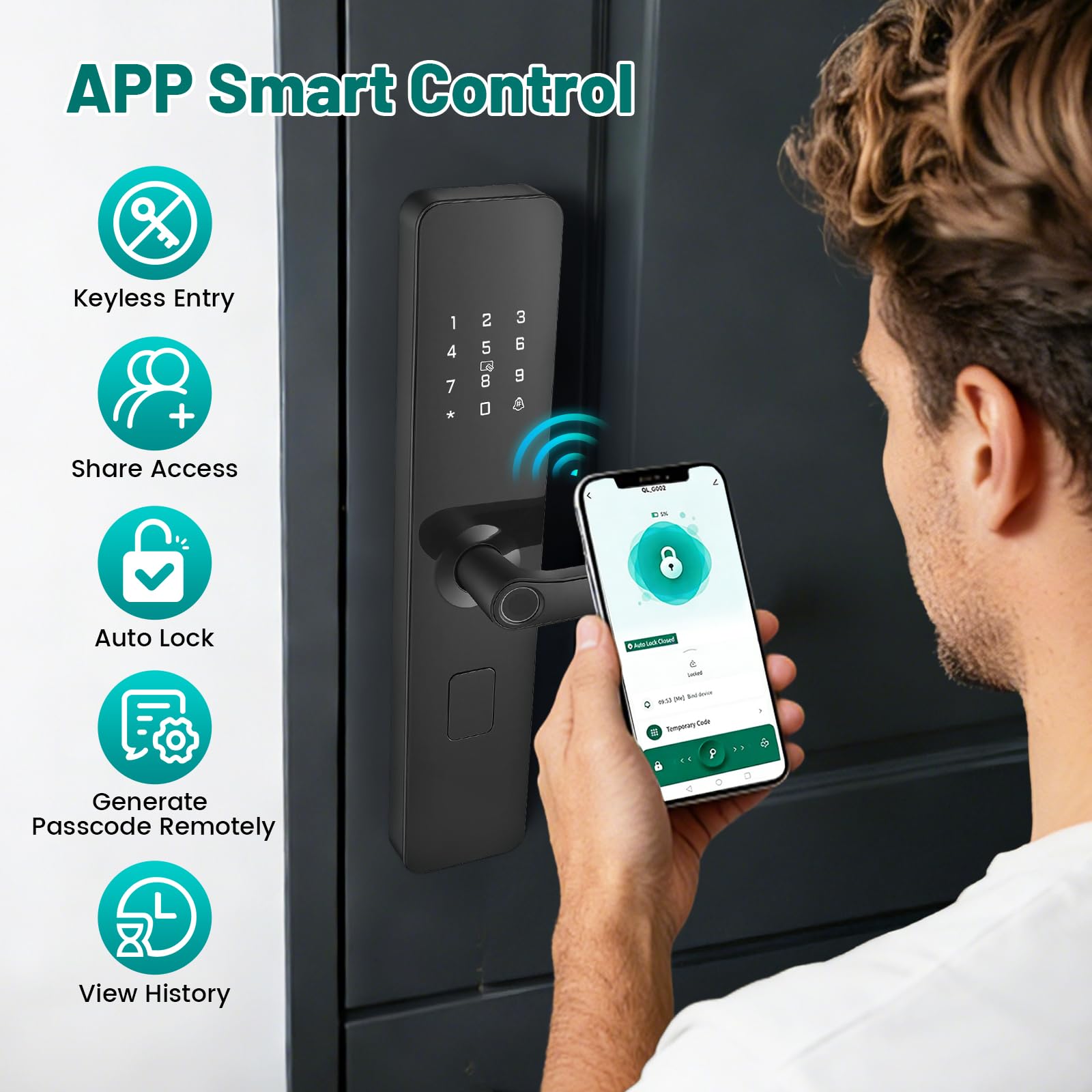 Cerradura Inteligente para Puertas, Cerradura Electrónica con Huella Digital, 6 Modos Apertura, Cilindro Clase C, APP Control, 2 Tarjetas NFC, Fechadura Inteligente para Puertas 40mm Casa Oficina