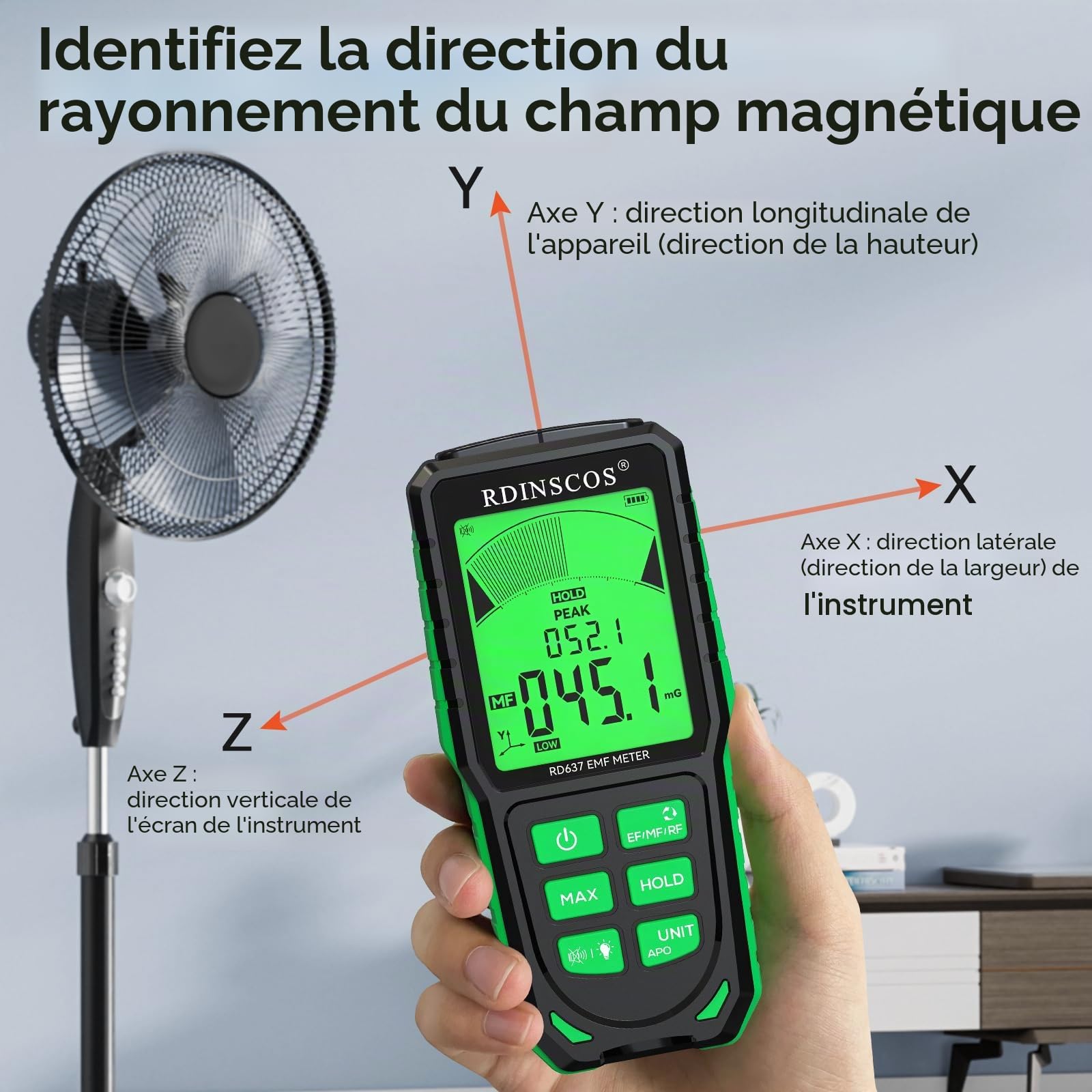 RDINSCOS Mètre EMF, Appareils de Mesure EMF Numérique Rechargeable Détecteur de Rayonnement EMF Numérique Mesure Handheld Détecteur de rayonnement pour EF, MF, RF, WiFi, Micro-ondes Mesureur RF