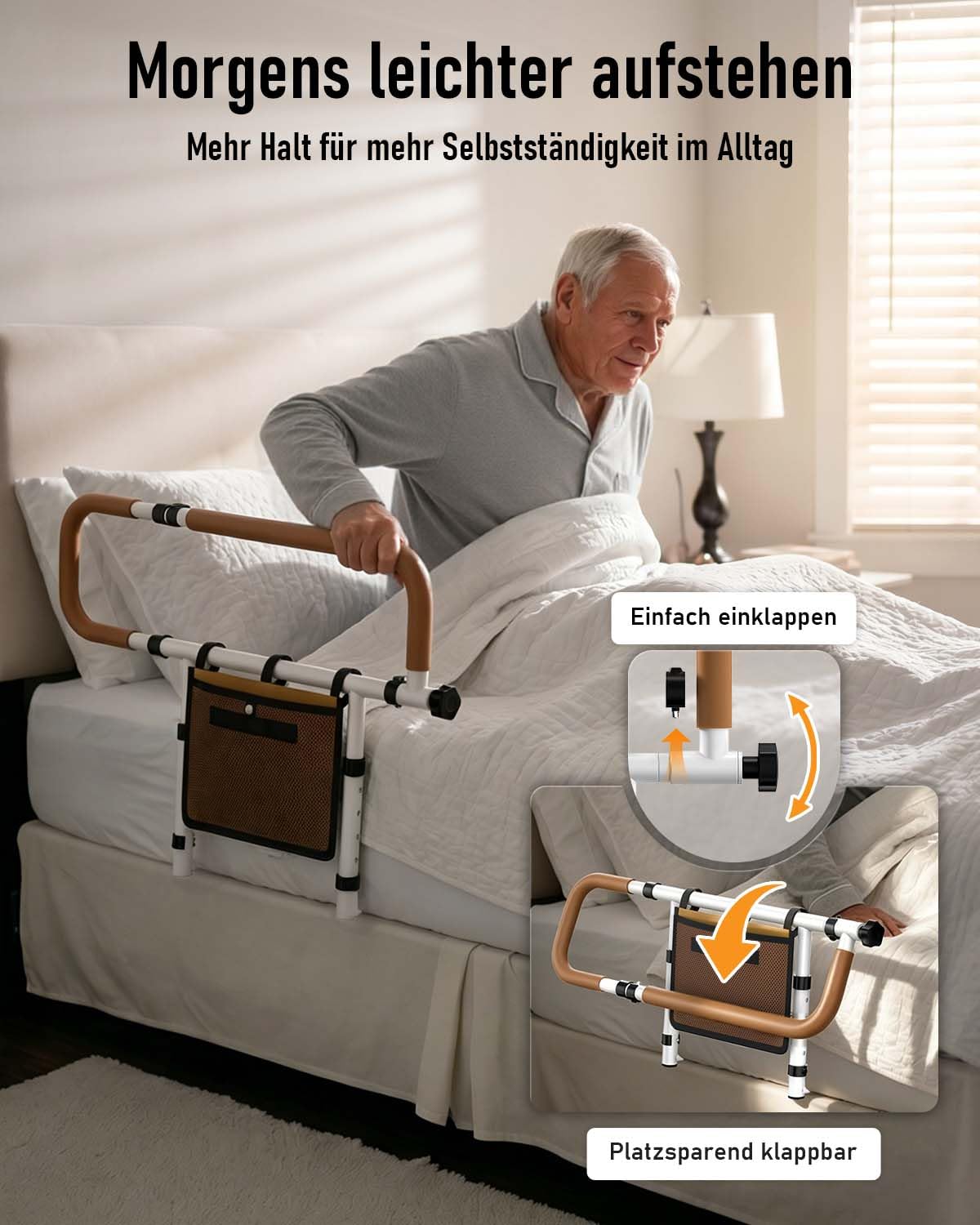Aufstehhilfe Bett, Bettgitter für Senioren, klappbar, leicht montierbar | Stabiles Stahlgestell, Doppelfixierung mit Gurt und Schrauben, höhen- und breitenverstellbar, Tasche, bis 136 kg belastbar