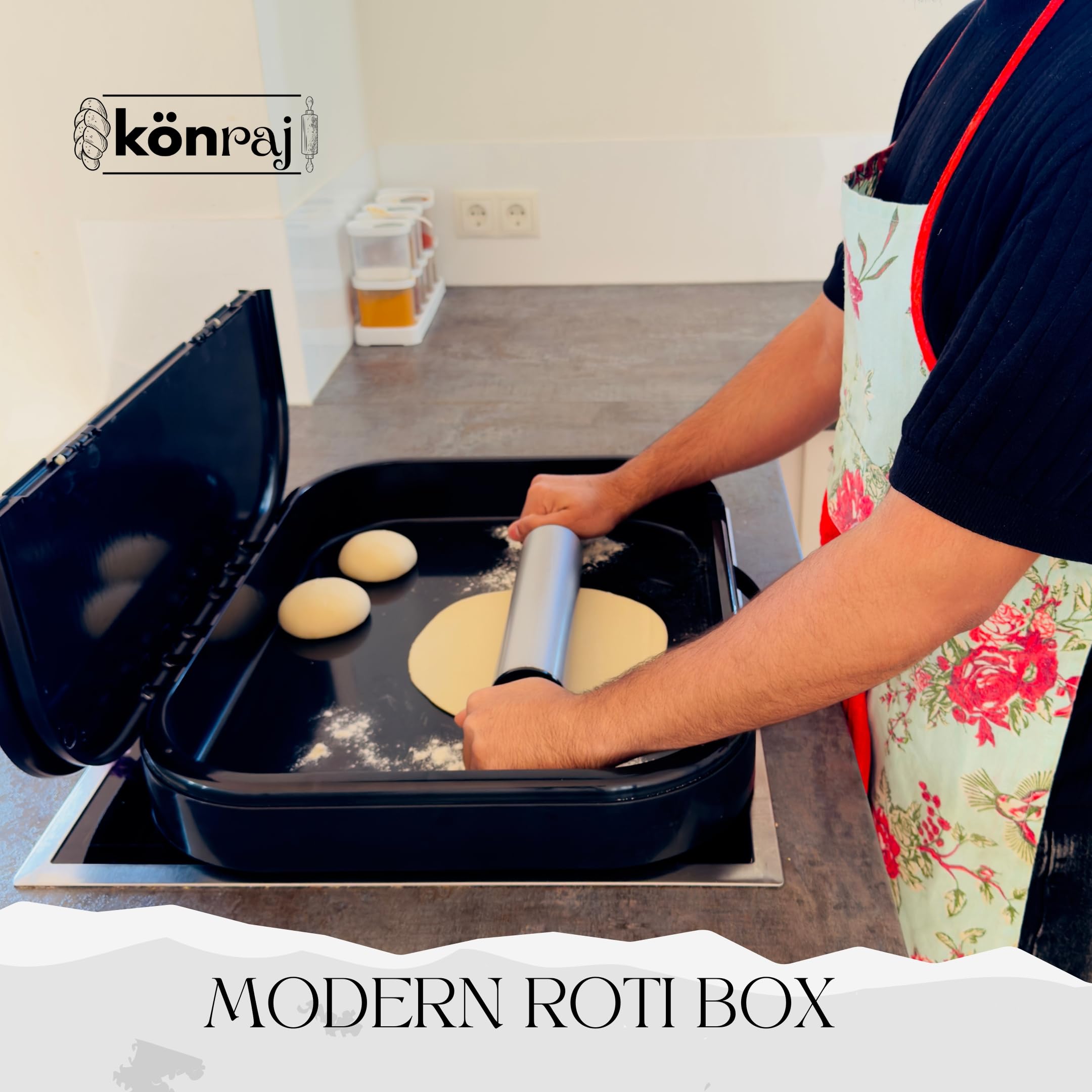 Roti-Box von KOENRAJ Kitchen für die Zubereitung von Chapati, Paratha, Puri & Pizza (rutschfest, antimikrobiell, hitzebeständig, luftdicht) – (55 cm x 43 cm x 6 cm), Schwarz