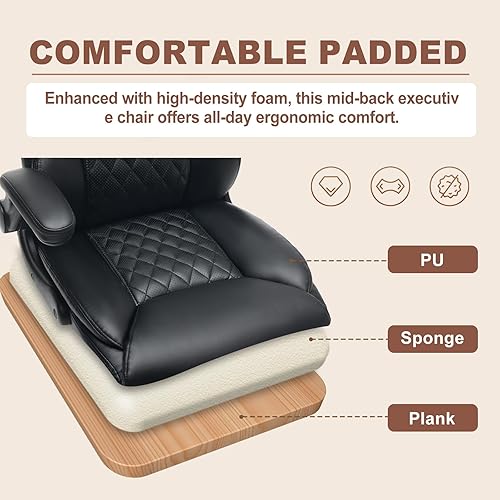 Miniatura 5 de Silla de oficina ejecutiva de piel sintética con ruedas, sillas de escritorio pequeñas giratorias de 360 con brazos acolchados, silla ergonómica