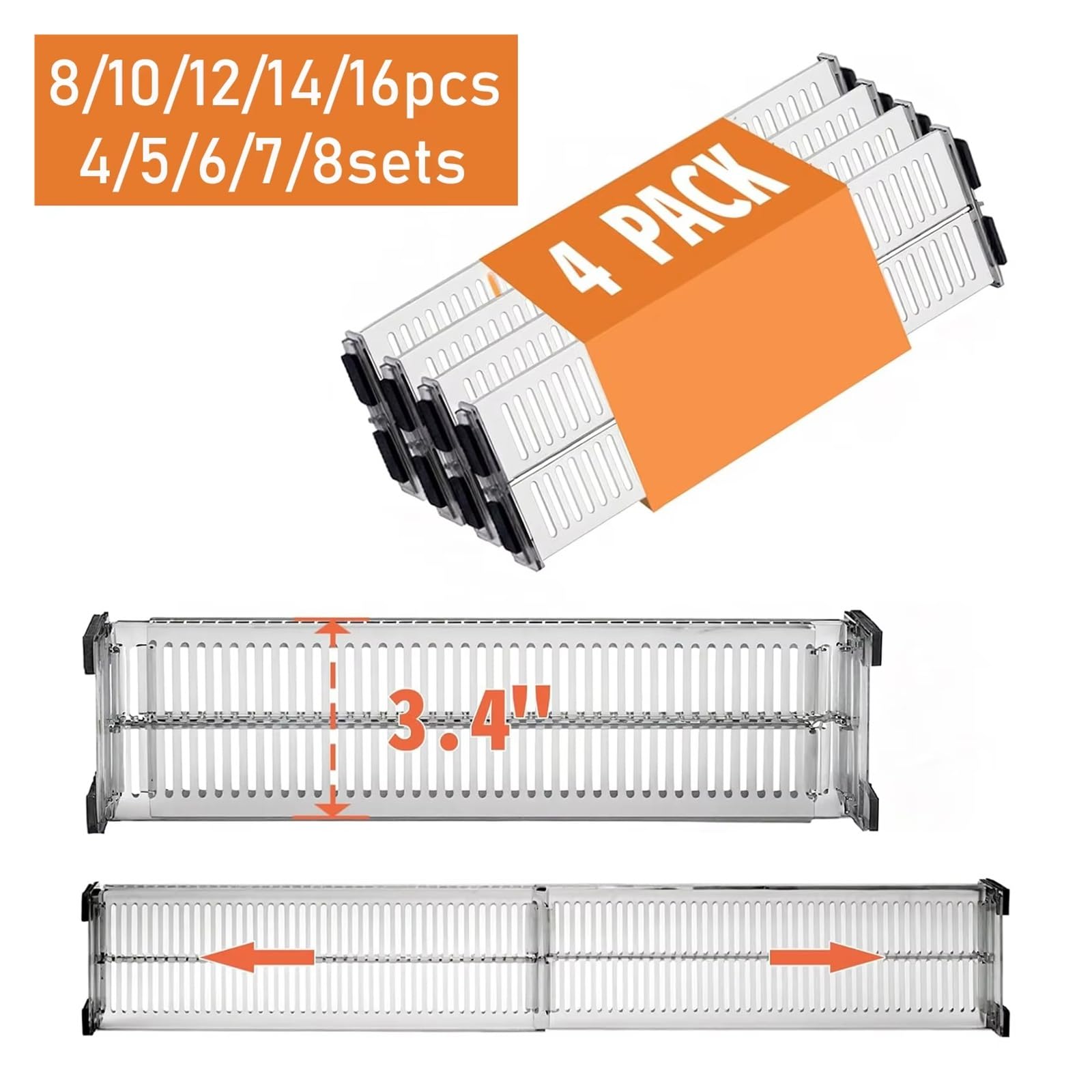 Schubladenteiler, verstellbare Länge von 28 bis 53,5 cm, Küchenaufbewahrung, Organizer, Kunststoff, transparent,(8 Set)