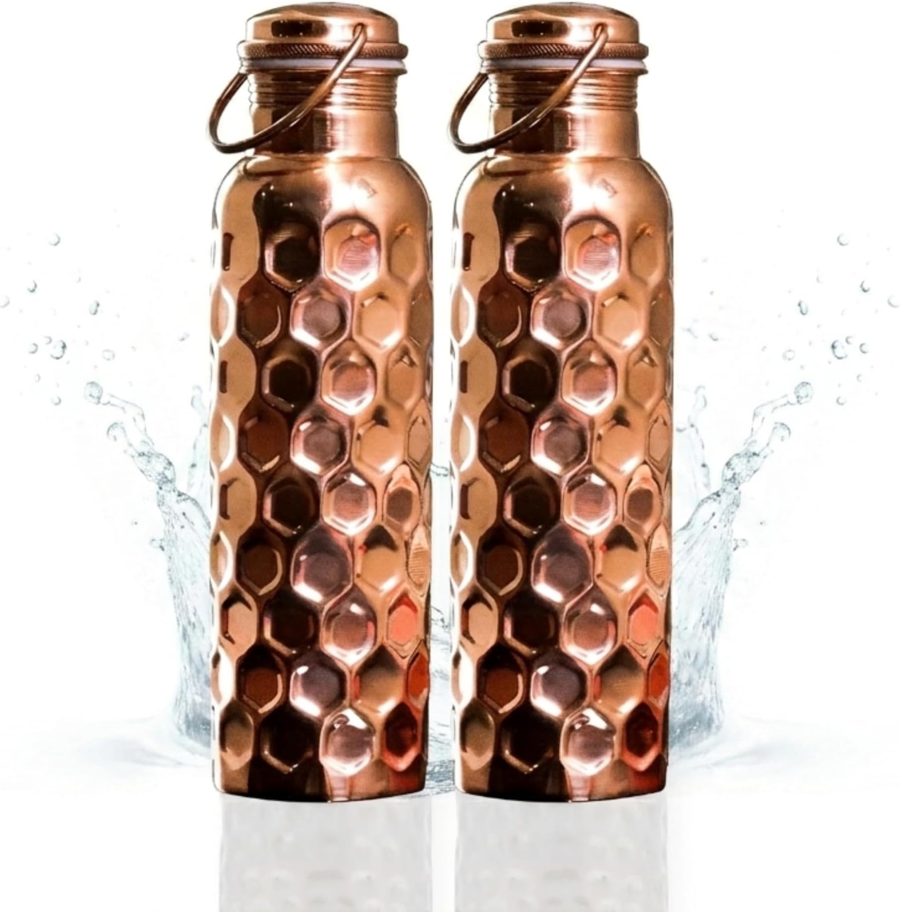 Craft Trade Copper Ayurveda Copper Water Bottle for Drinking 34 oz Set Of 2 Antique Diamond Pure Bottle with Handle Travel Bottle for Gym, Office, Hiking, Outdoor Ayurvedic Hammered Water Vessel