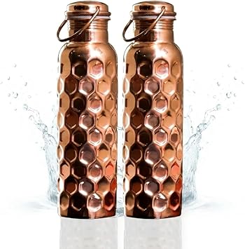 Craft Trade Pack of 2 Pure Copper Bottle with Lid Leak Proof BPA Free Diamond Drinking Water Bottle for Boosts Immunity & Liver Health, Ayurveda Inspired 34oz - 1 Litre Natural