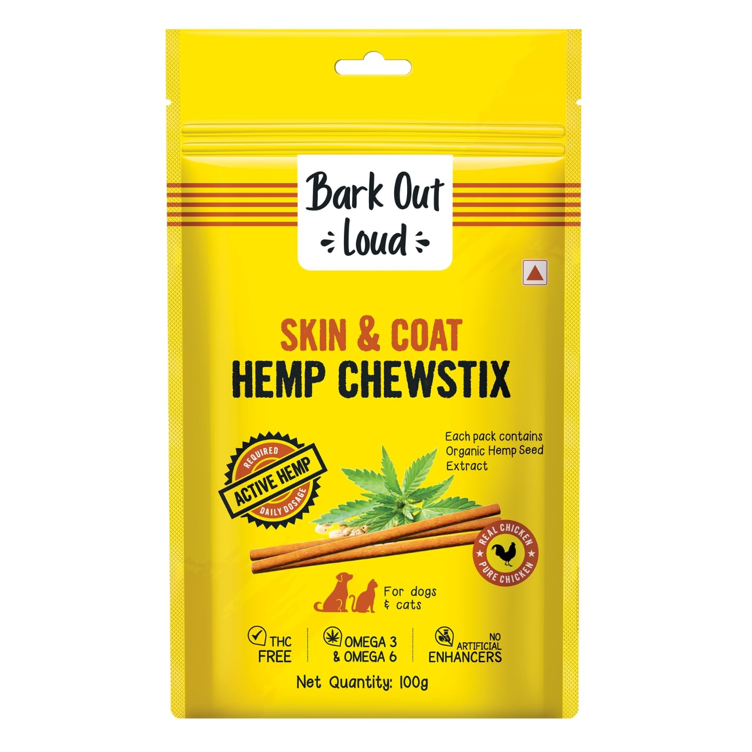 BARK OUT LOUD – Fresh Chicken Dog Treats, Hemp Chewstix with Omega 3 & Vitamin E for Healthy Skin & Coat, Suitable for Dogs & Cats of All Life Stages, 100g (Pack of 1)