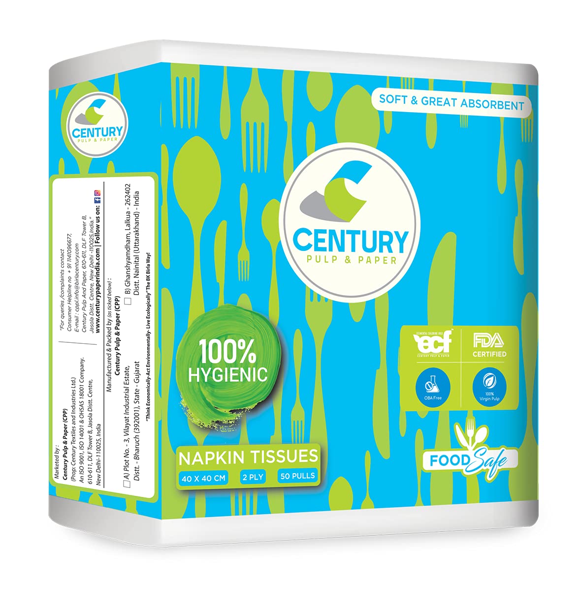 Century Pulp & Paper Napkins Food Safe | Made up of 100% Virgin OBA-Free, FDA Certified and 100% Hygienic (40X40 cm, 2 Ply, Pack of 3, 150 Pulls)