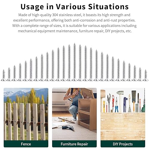 Miniatura 8 de Tornillos Phillips de cabeza plana #8 x 12 pulgadas, tornillos de madera de acero inoxidable 304 18-8, autoroscantes, paquete de 100