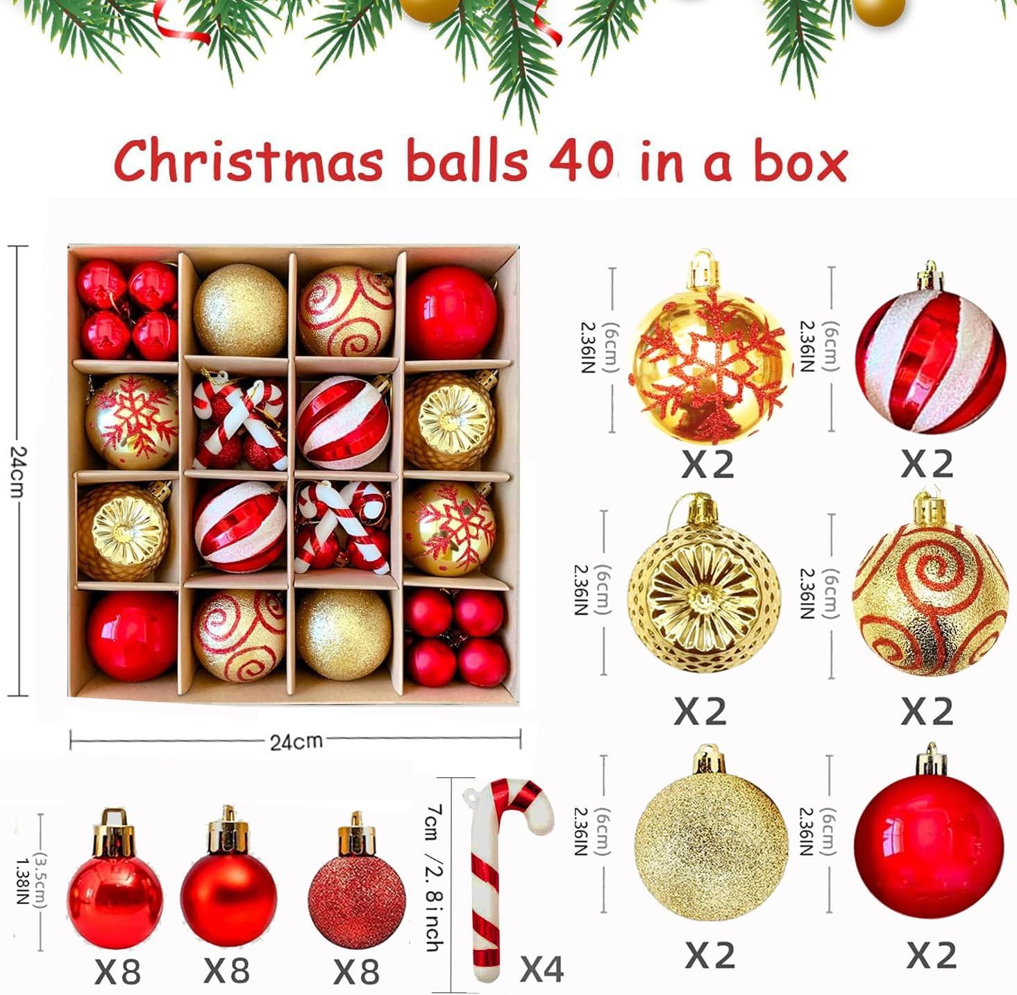 Top Sale 40 Pieces 10 Designs Shatterproof Christmas Tree Hanging Baubles, in Matte, Glitter & Shiny Finish, Red - Image 3