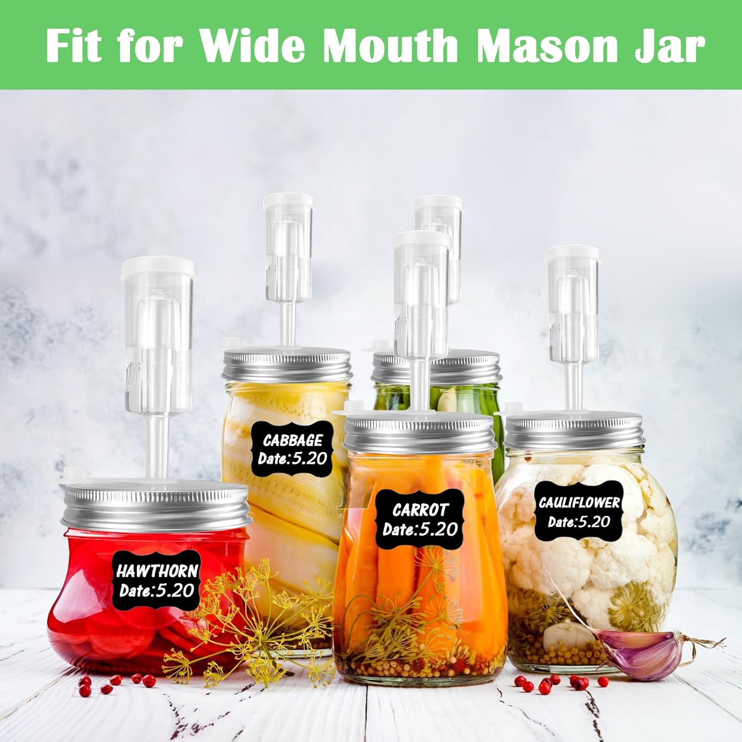 Fermentation Kit for Wide Mouth Mason Fermentation Jar, Fermentation Kit with 4 Glass Fermentation Weights,4 Fermenting Lids,4 Airlocks,5 Silicone Gaskets,6 Silicone Grommets, 9 Stickers（No Jars） - Image 7
