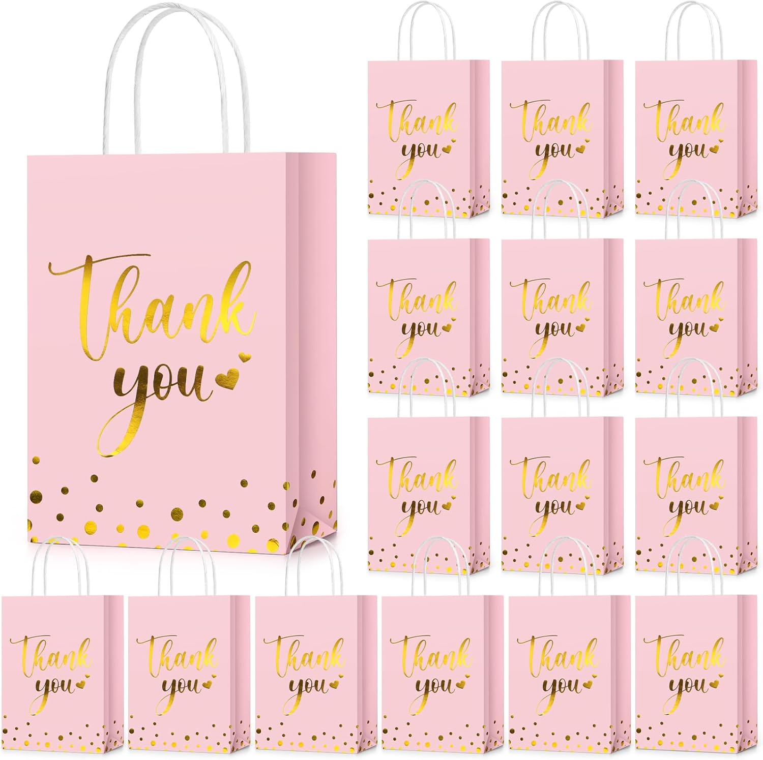 PerKoop 60 Pcs Thank You Gift Bags Bulk Paper Gold Thank You Wedding Bags with Handle for Business, Shopping, Wedding, Baby Shower, Party Favors (Pink) Pink Classic