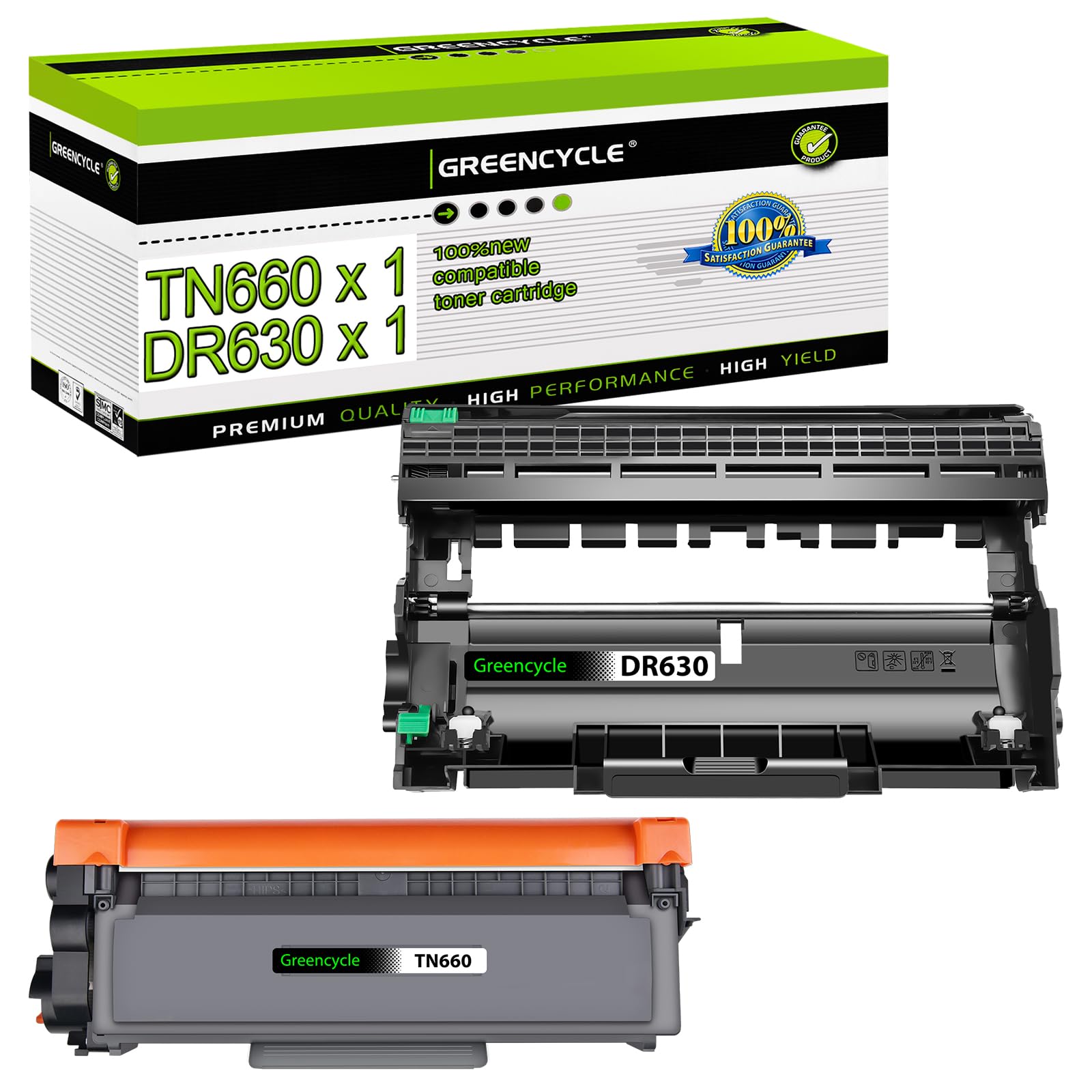greencycle (1 Toner + 1 Drum TN660 TN630 Black Toner Cartridge & DR630 Drum Unit Replacement Compatible for Brother DCP-L2540DW HL-L2300D HL-L2380DW HL-L2340DW MFC-L2700D L2680W Laser Printer