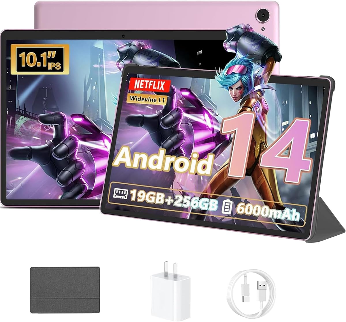 Amazon.com : Android 14 Tablet 10.1 inch 19GB RAM + 256GB ROM 1TB Expand, 2 in 1 Tablet with Case, 1280x800 IPS HD Touchscreen, Dual Camera, 6000mAh, Powerful Performance Tablets 2025, GMS, WiFi (Pink) : Electronics