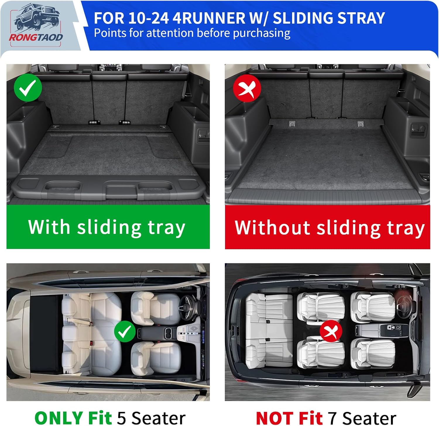Rongtaod Cargo Mat Compatible with 2010-2024 Toyota 4Runner 5 Seats Trunk Mat Cargo Liner Back Seat Cover Protector 2023 4 Runner Accessories (Trunk Mats + Backrest Mats,Fit with Sliding Tray)