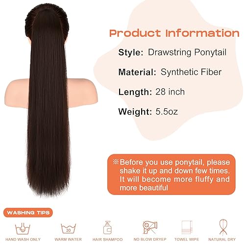 Miniatura 7 de SEIKEA Extensiones de cola de caballo de 28 pulgadas, con cordón, largo y recto, cola de caballo falsa, natural, suave, extensiones de cabello