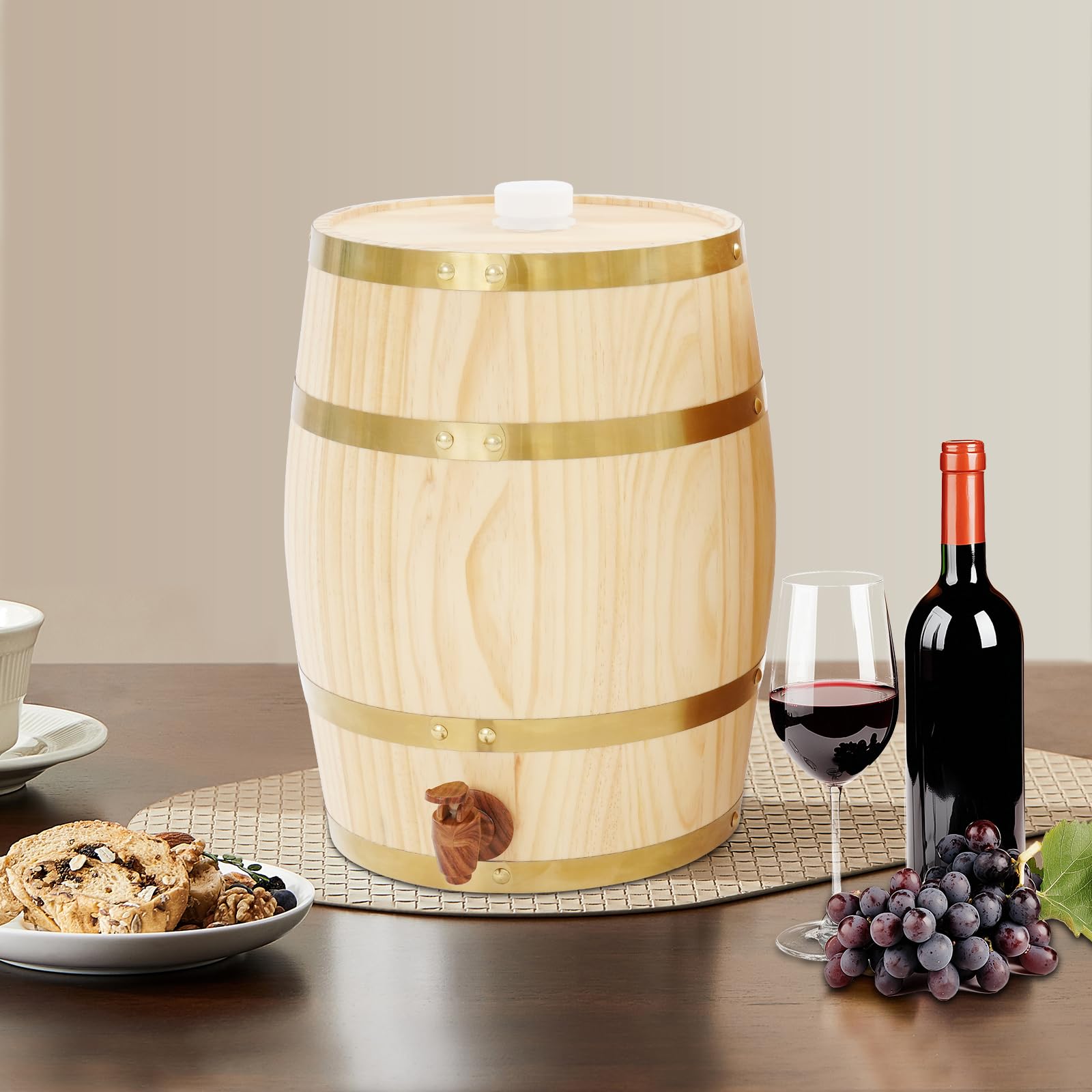 Distributore da 10 l in legno di pino, barile in legno con rubinetto, con rivestimento interno in alluminio e pneumatici in metallo e design di ventilazione, dispenser per bevande, vino, alcolici