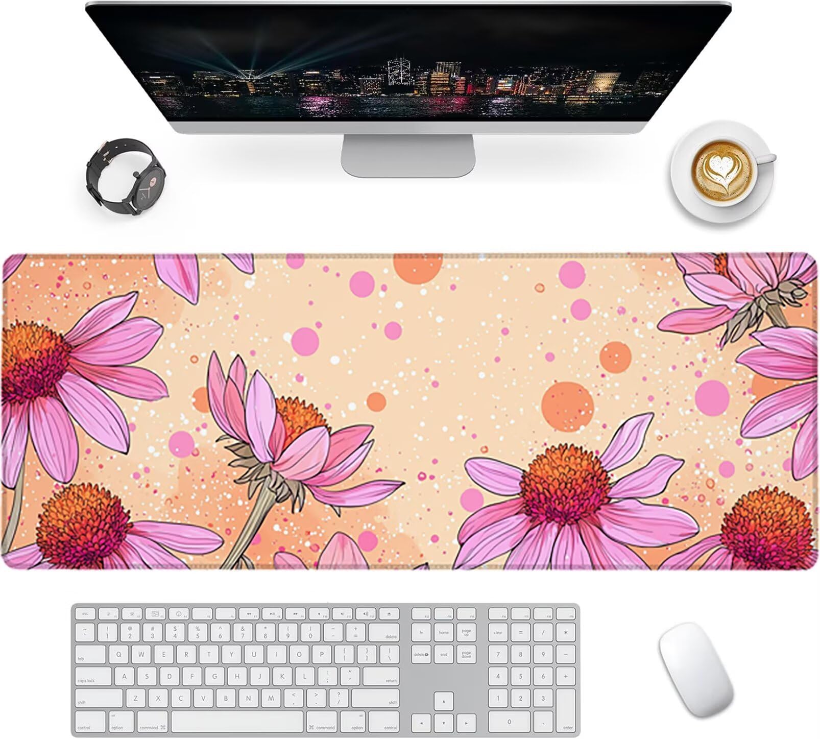 Lpfieonn Blume Großes Schreibtischunterlage, XXL Schreibtischunterlagen, Beige XXL Wasserdicht Gaming Mousepad mit Vernähter Rand und Rutschfeste Gummibasis, für Laptop/Hause/Büro 120x60cm PF-3331