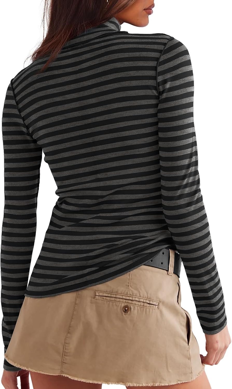 Darong Womens Striped Turtleneck Shirt Long Sleeve Undershirts Ribbed Slim Fit Top Fitted Basic Tees - Image 2