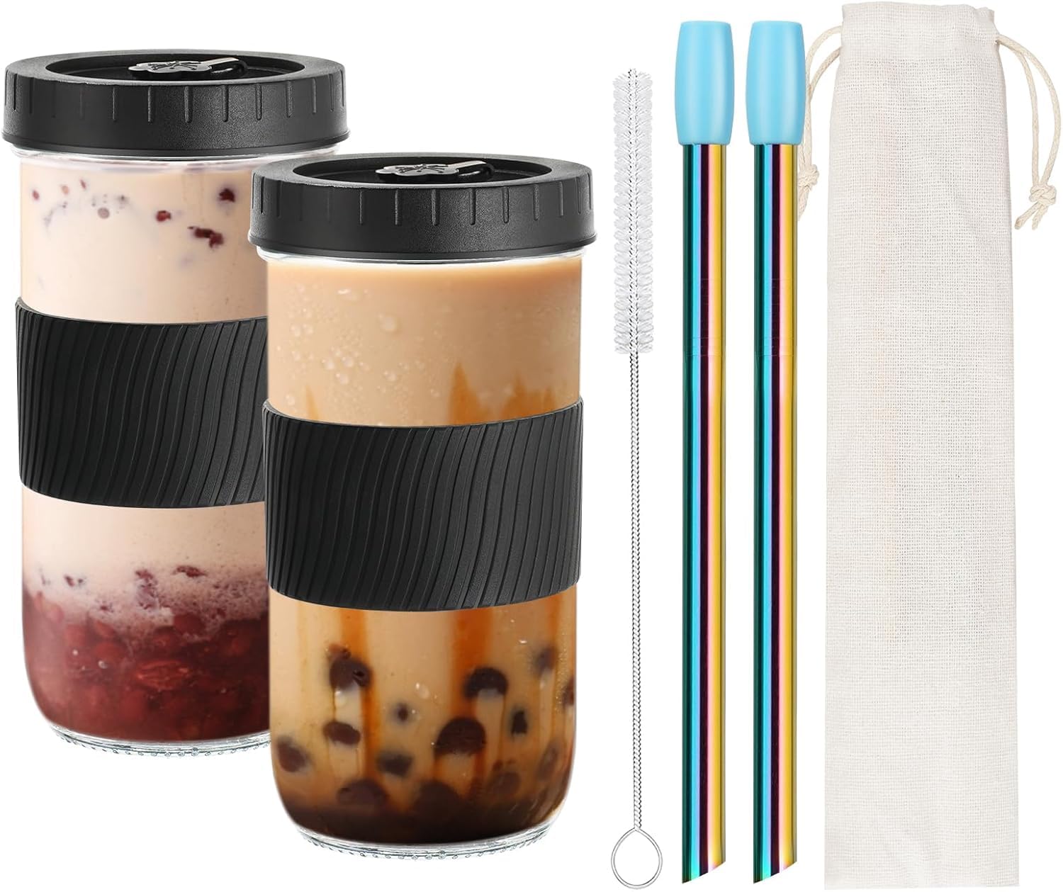 Vasos de vidrio para boba de 730ml con tapas a prueba de fugas y pajita ancha de viaje