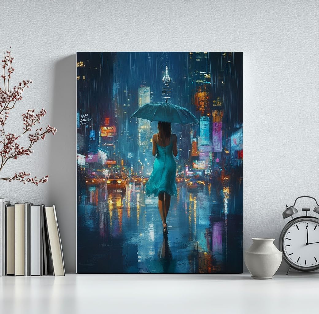 Paint by Numbers Kit for Adults Beginner, Rainy Night Scenery Adult Paint by Number Kits on Canvas Without Frame, Lady in Blue Dress Acrylic Oil Paint by Numbers for Home Decor Gift 16"W x 20"L