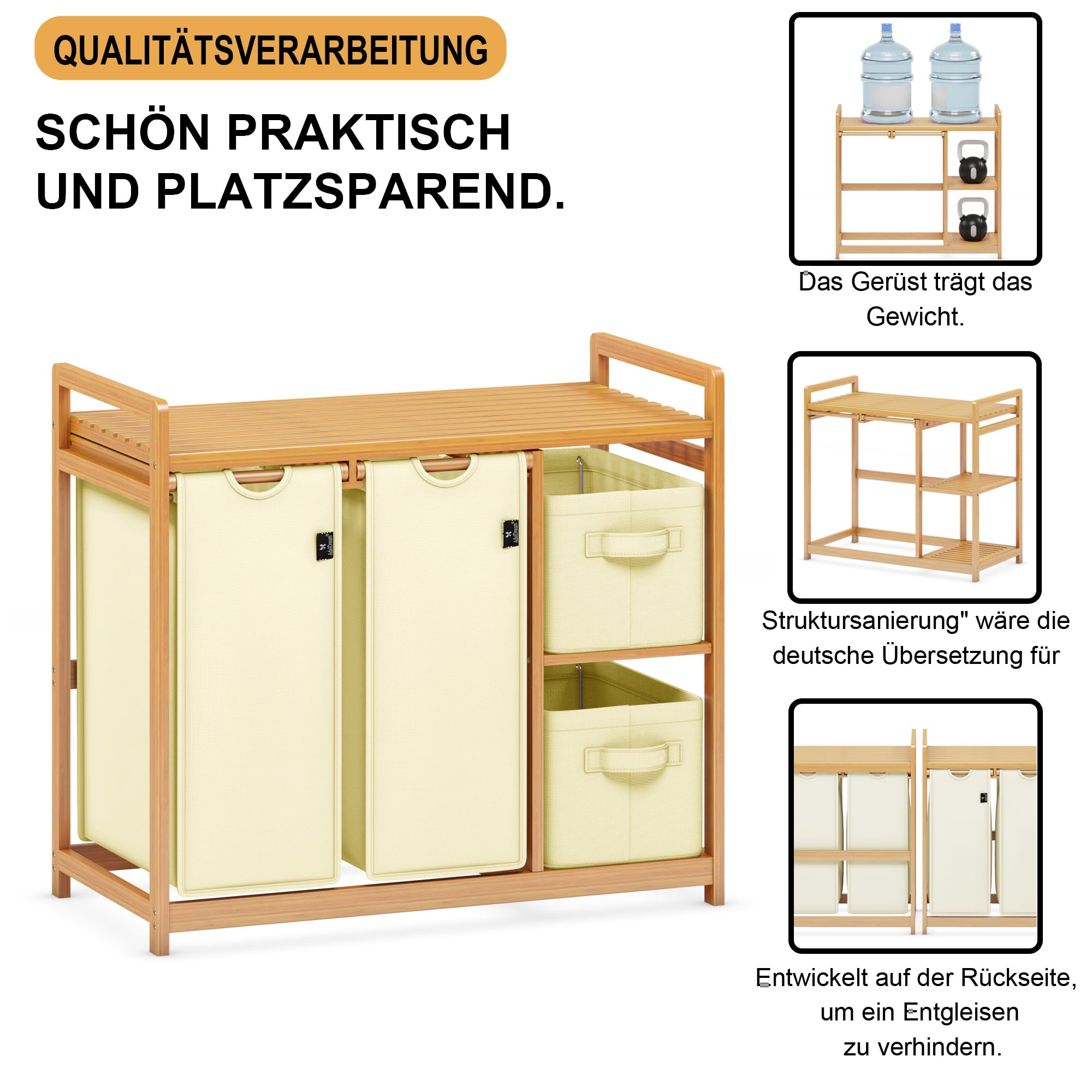 ADEL DREAM Wäschekorb 4 Fächer Wäschesammler 140L Wäscheboxen Mit Korb Wäschesortierer mit 2 Wäschesäcken & 2 Stoffboxen mit Ablage Wäschesack Bambus Wäscheregal Wäschebox Laundry basket Beige
