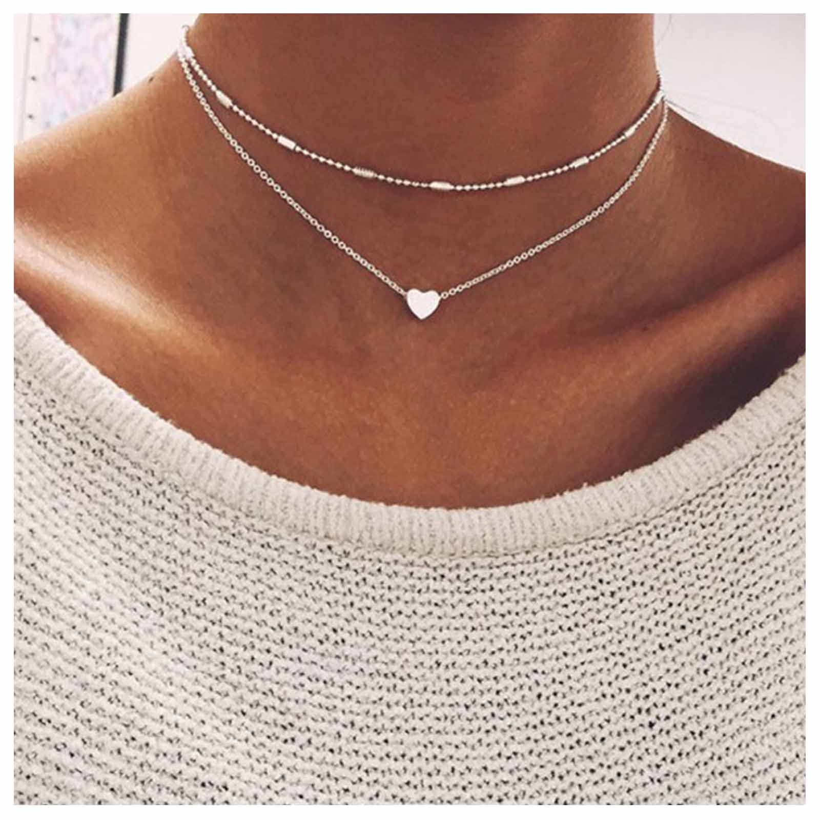 DerviveaBoho capas collar cadena plata satélite gargantilla amor corazón colgante collar bola estación joyería para mujeres y niñas 2 piezas