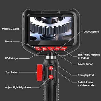 Two-Way Articulating Borescope Camera with Light,360Rotation,1920P, 6.2 mm Industrial Endoscope IP67 Waterproof Flexible Semi-Rigid Cable for Automotive, Pipe Inspection