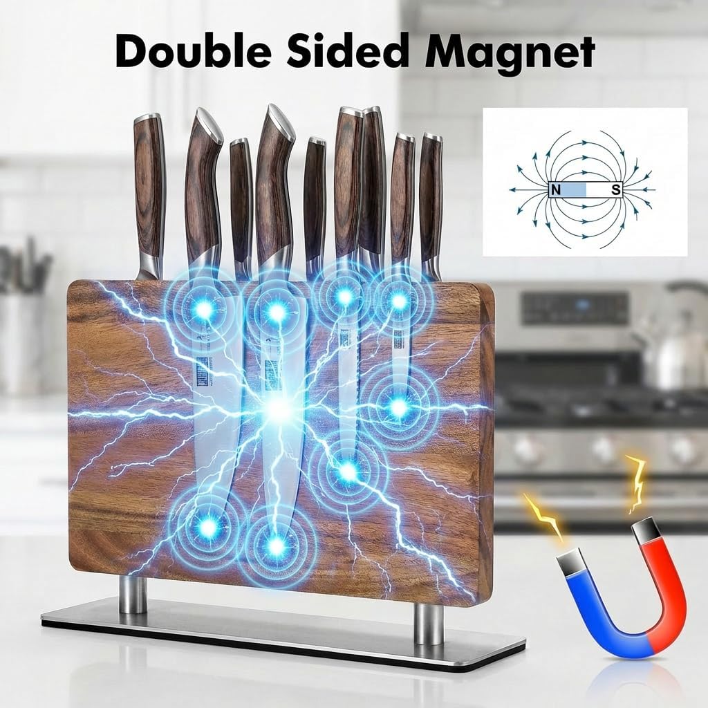 Magnetic Knife Holder Acacia Wood - Double Sided Kitchen Rack Magnetic Stand, Strong Magnets Multifunctional Storage Rack Kitchen Gift for Chef