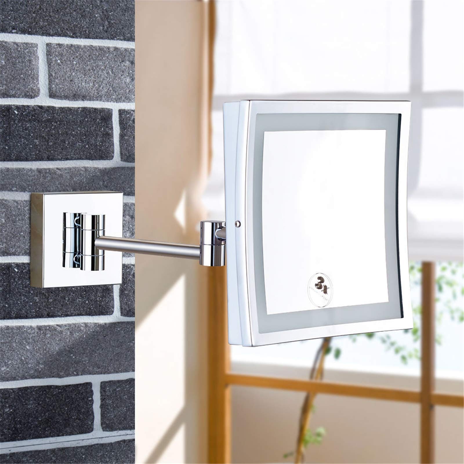 WYCSAD Espejo de tocador LED, Espejo de Maquillaje con Aumento de latón de 8 Pulgadas, Espejo de Afeitar montado en la Pared del baño, rotación de 360 ​​y Espejo Extensible con Enchufe, Cromo, 5X