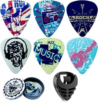 Miwayer Guitar Picks-Medium, 6 Pack Art Cool Guitar Pick In Metal Box W/Black Pick Holder, Unique Gift For Bass, Electric & Acoustic Guitars Lovers Band Style