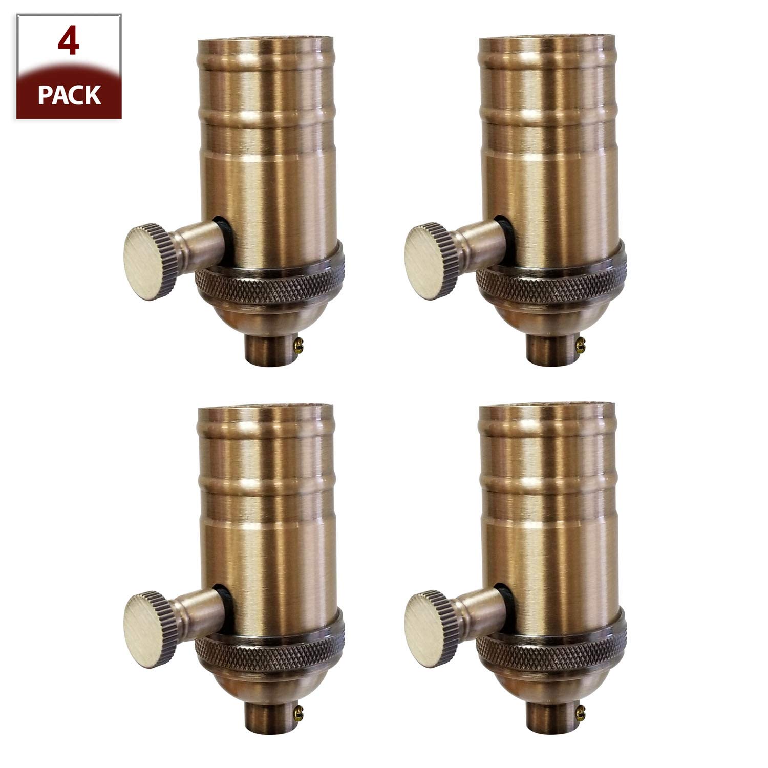 Royal Designs, Inc. Vintage Turn Knob Dimmer Lamp Socket for Incandescent LED Bulbs, Antique Brass, Set of 4