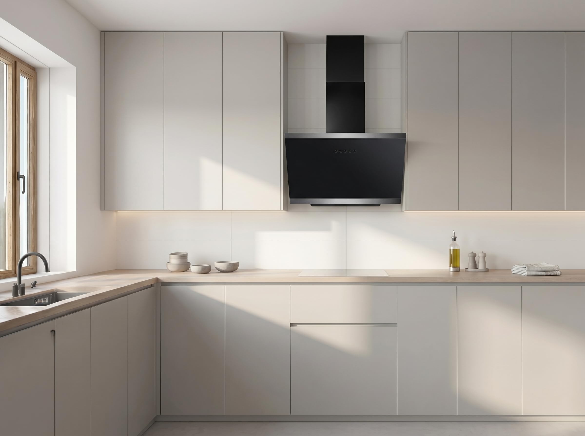 YUNA Dunstabzugshaube DULCIA 60 cm Schwarz Glasfront 3 Leistungsstufen 47W Motorleistung Energieeffizienz A Abluft Umluft Kopffrei LED Beleuchtung Ohne Kohlefilter Wandhaube