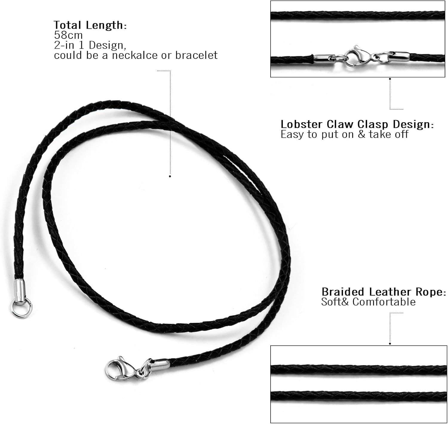 Cupimatch Unisex New 2-in-1 3mm Black Braided Leather Cord Rope Chain Necklace Wrap Bracelet Stainless Steel Lobster Clasp 24" - Image 4