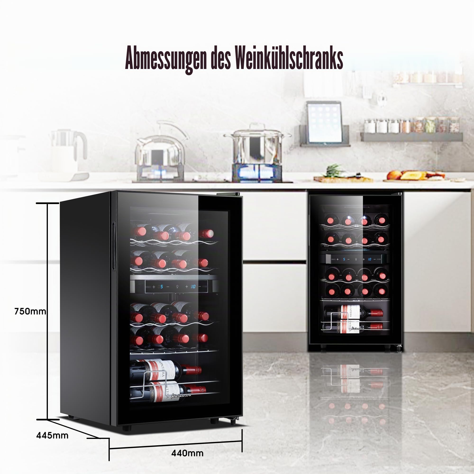 Kalamera Weinkühlschrank 2 Zonen, Touch-Bedienfeld,Schwarze Glastür, Verdeckter Griff, Flaschenkühlschrank 20 Flaschen, 68Liter, 5-18°C Kühlzone, KRC-68BFG