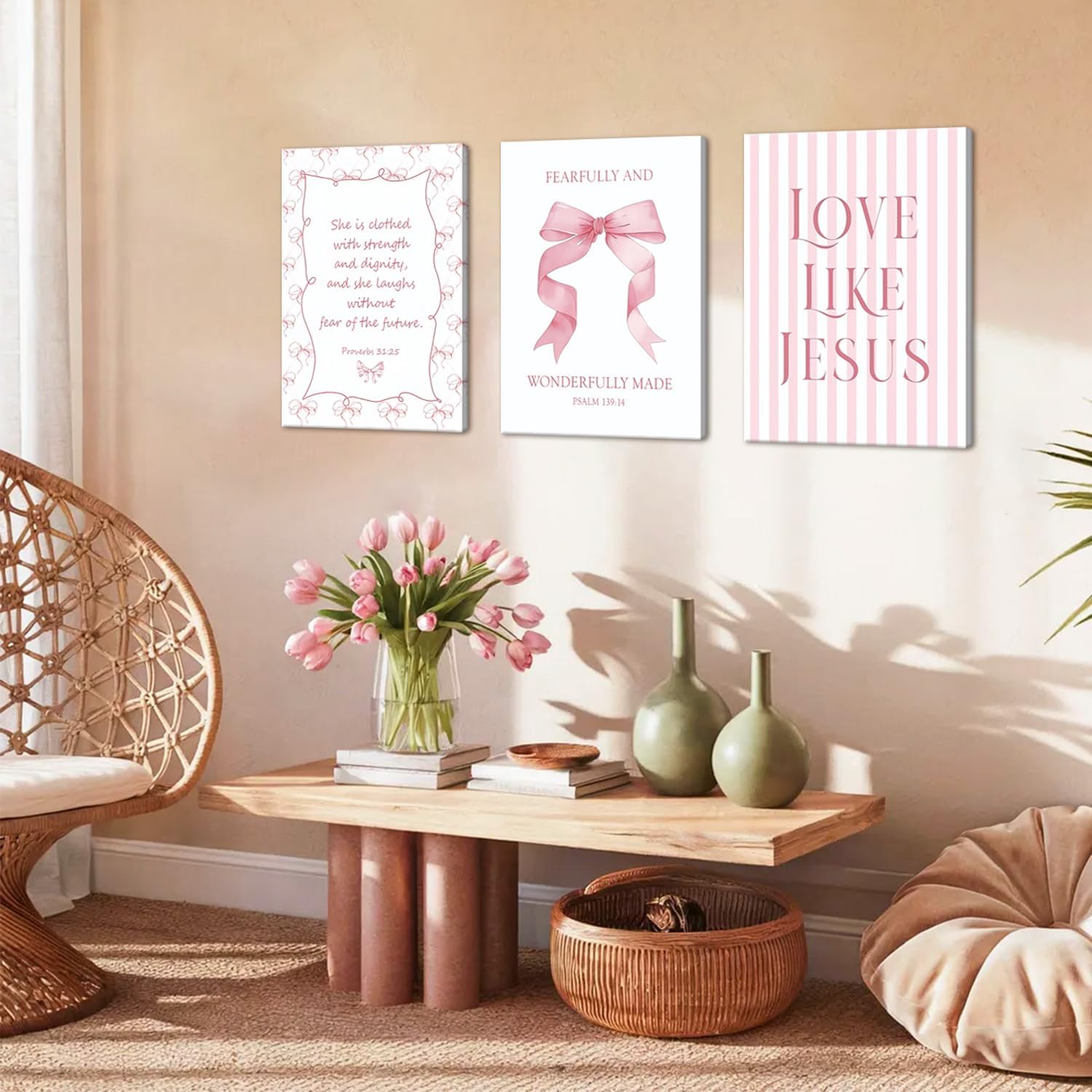 Coquette Pink Bow Wall Art Set of 3, Light Pink Christian Wall Decor Pictures, Jesus Verses Bible Canvas Posters Paintings Preppy Prints for Teen Girls Dorm Bedroom Bathroom 16x24 Inch Framed