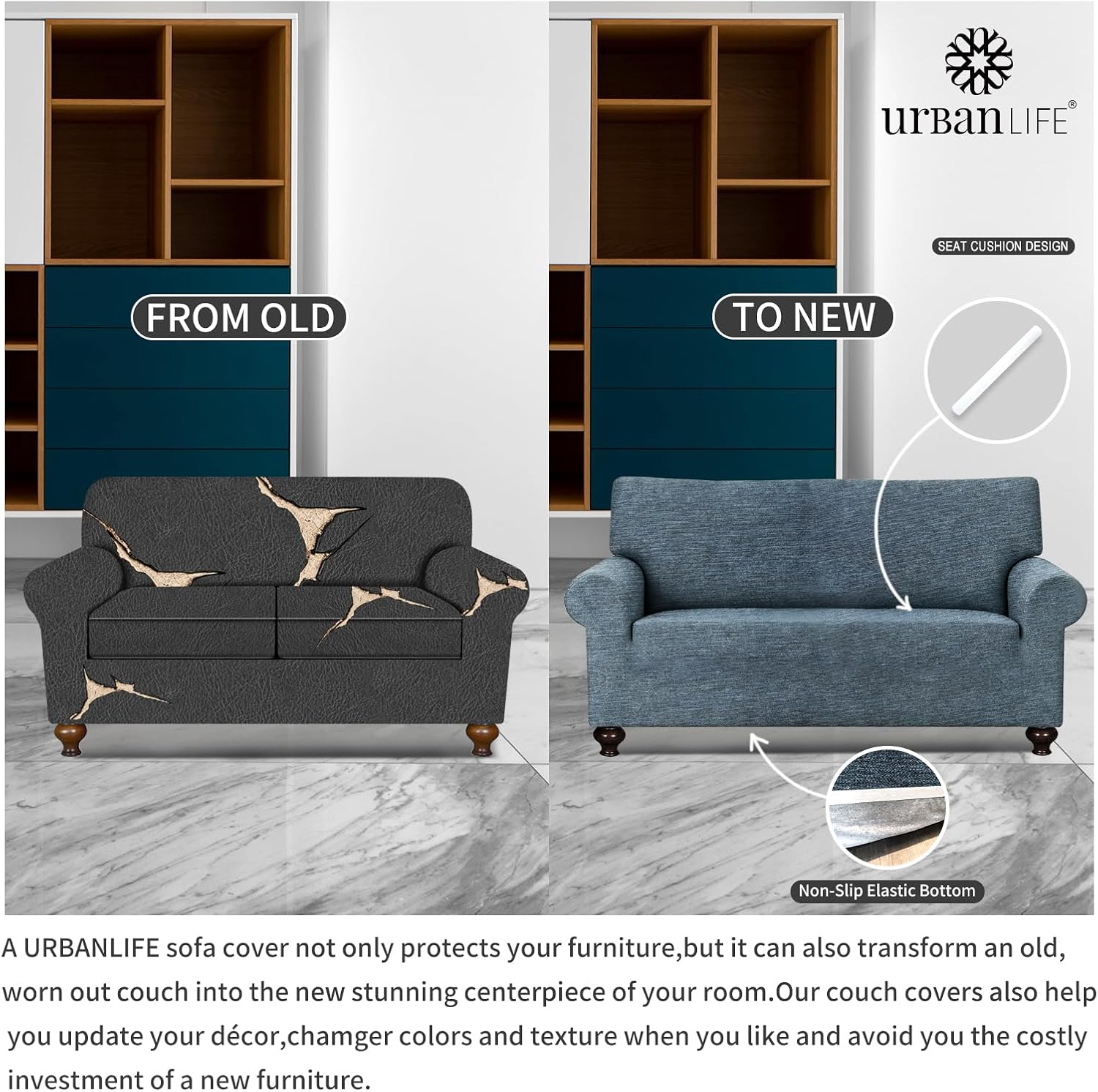 URBANLIFE 1-Piece Stretch Sofa Slipcovers for 2 Cushion Loveseat Couch, Super Stretch Non-Slip Sofa Cover with Elastic Bottom, Machine Washable Furniture Protector for Kids & Pets, Dusk Blue Gray