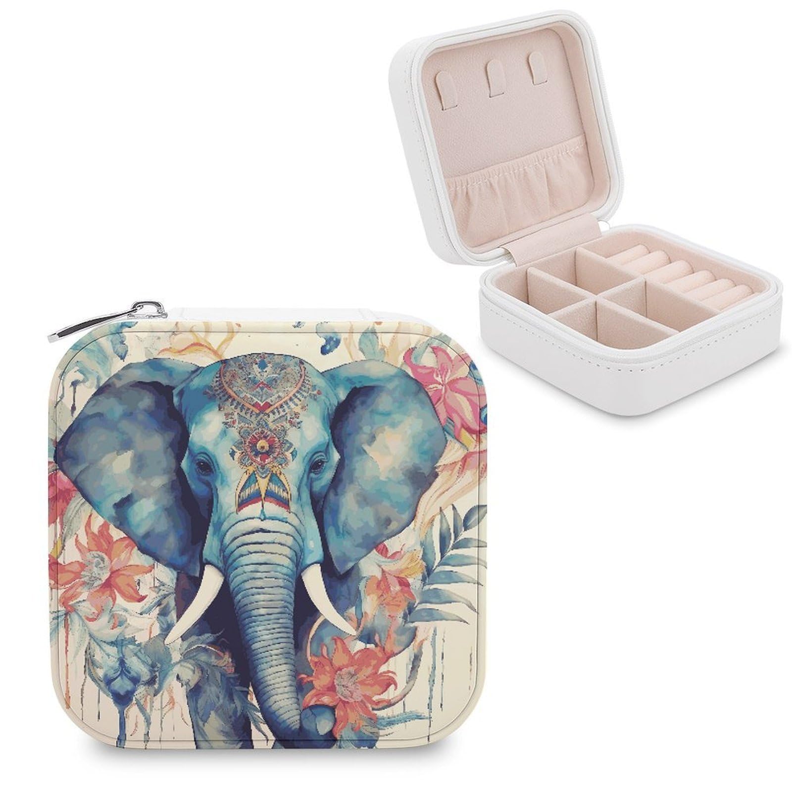 JTREHY Travel Peacock Feathers Elephant Jewelry Case Portable Display Storage Box PU Leather Mini Jewelry Travel Case Personalized Travel Jewelry Organizer Small Jewelry Box for Women