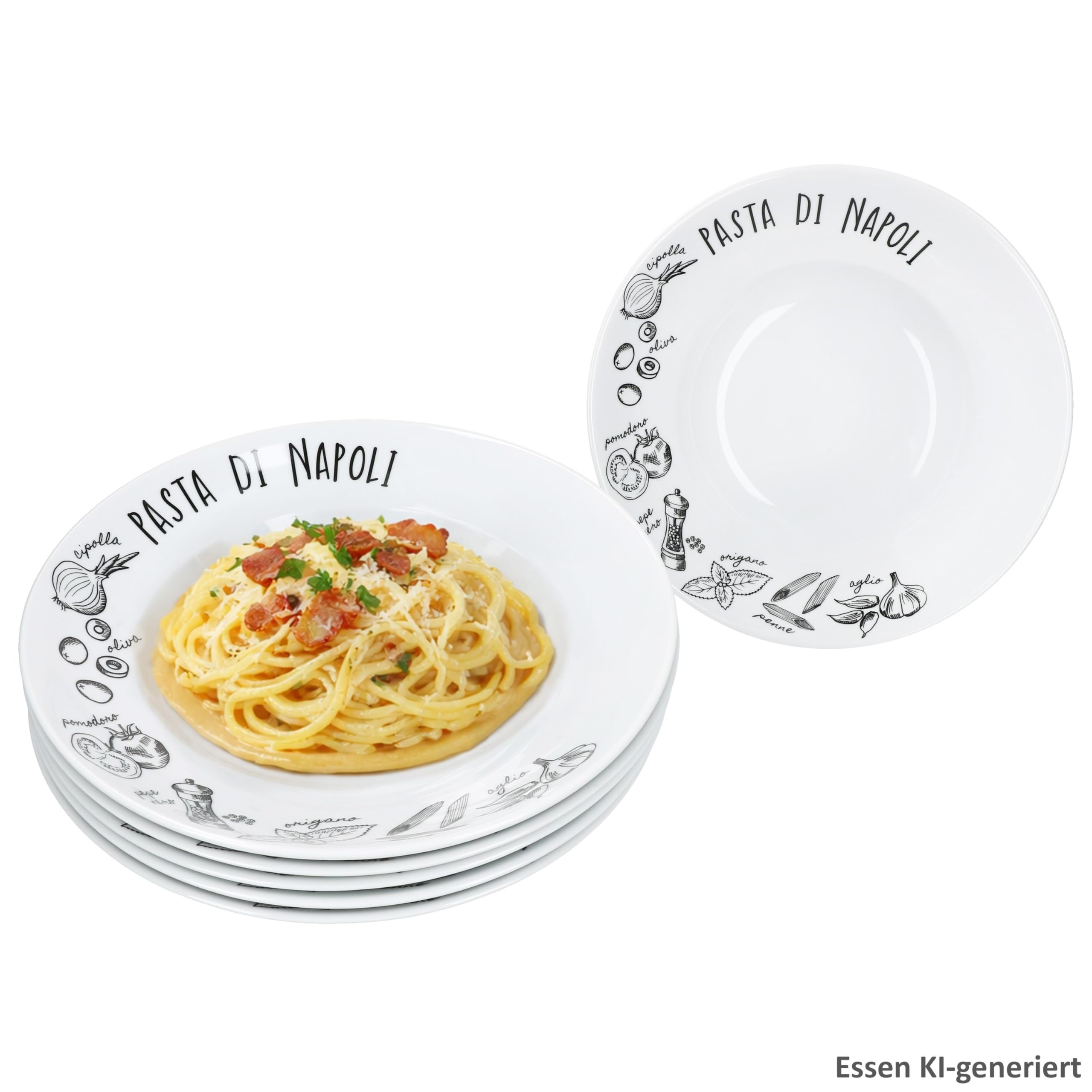 MamboCat Pasta di Napoli Lot de 6 assiettes creuses en porcelaine I Ø 27 cm 350 ml I Assiettes creuses en porcelaine noire et blanche avec décor I pour 6 personnes I Pâtes, salade, antipasti et soupes