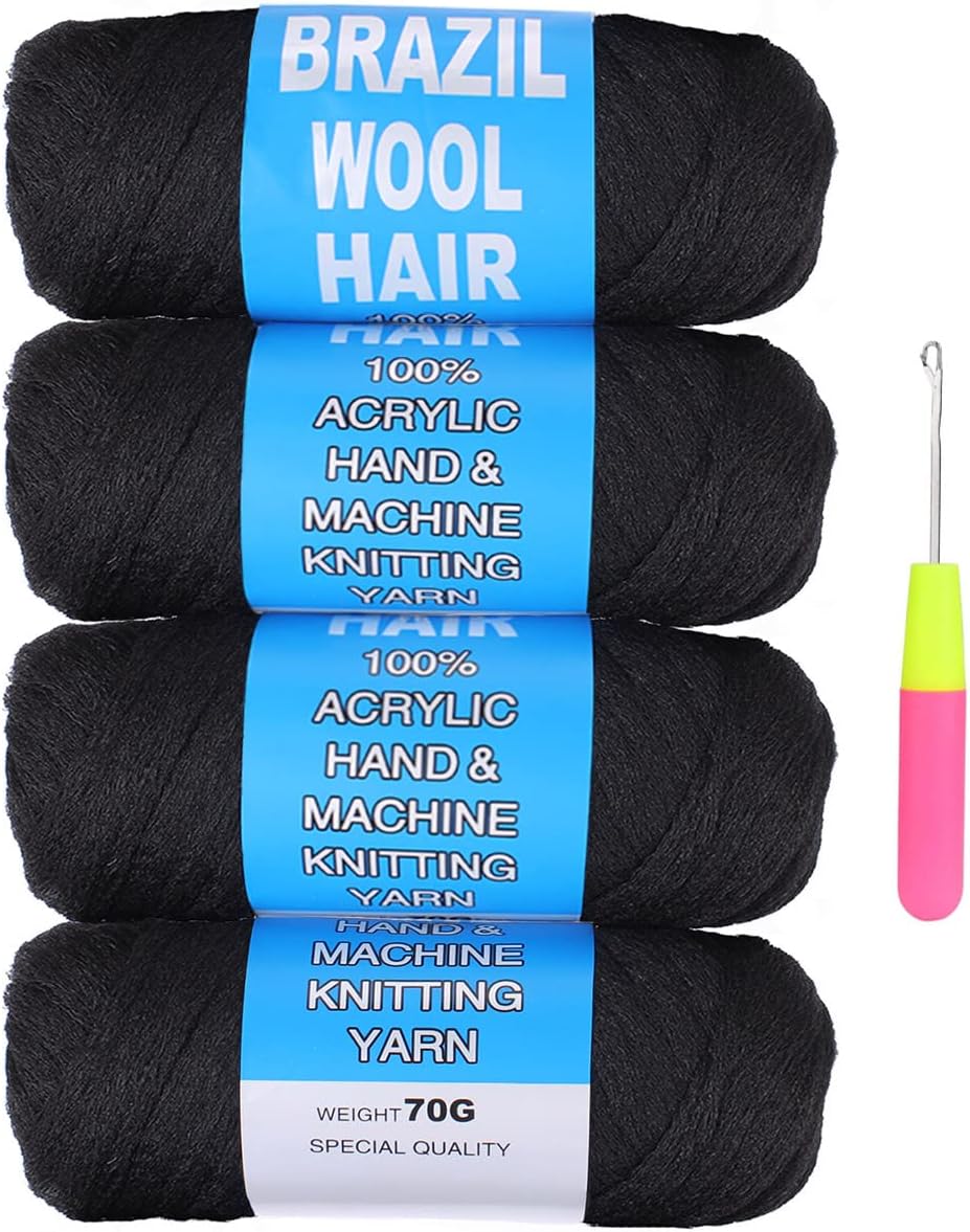 COOKOO 4 Rolls Natural Black Brazilian Wool Hair African Crochet Senegal Twist Soft Faux Locks Jumbo Braid Goddess Locks Synthetic Hair Extensions for Women 70G/Roll (1B#)