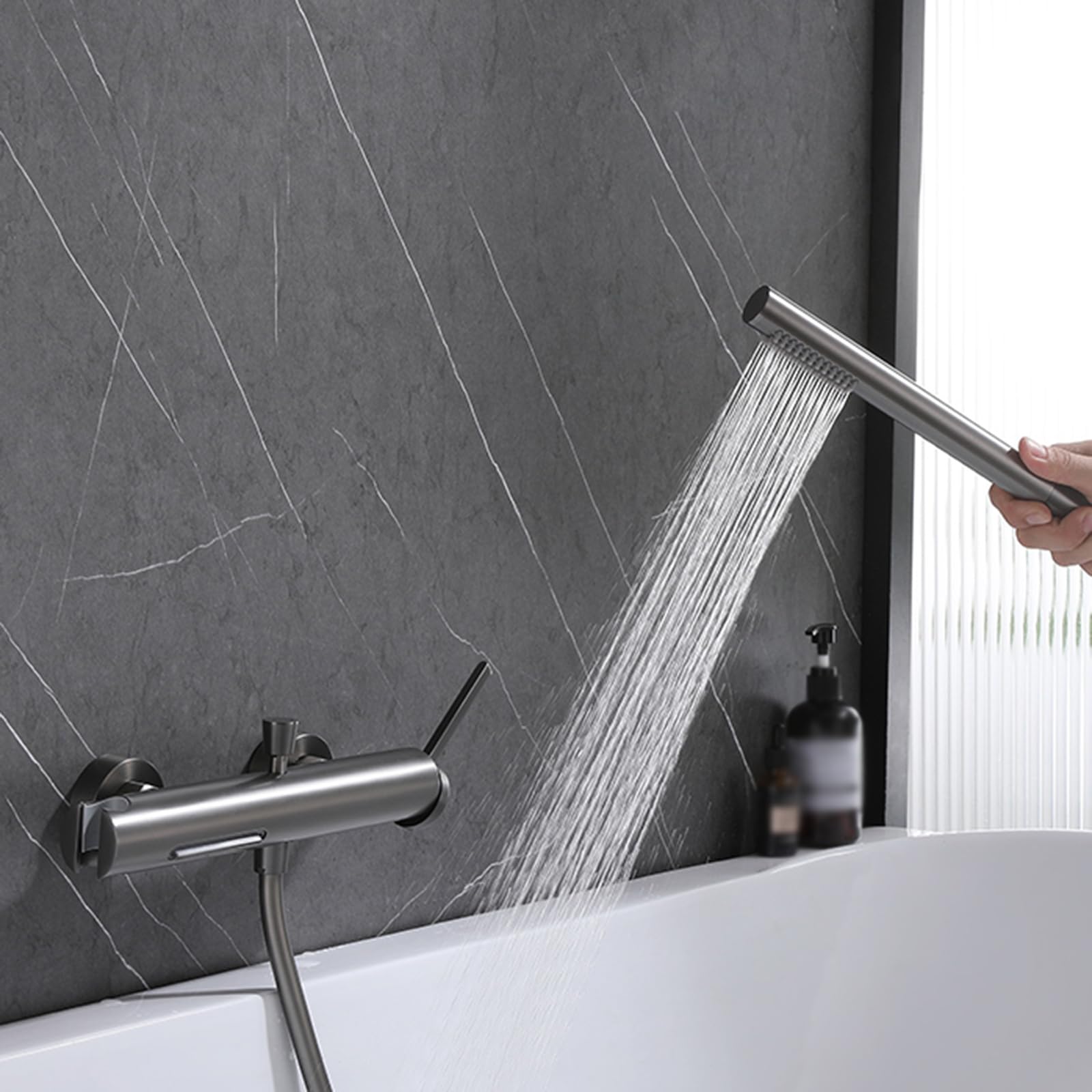 Grifo Mezclador de Ducha Y Bañera con Efecto Cascada Monomando de Latón para Agua Caliente Y Fría Grifo de Bañera con Efecto Cascada Color Gris
