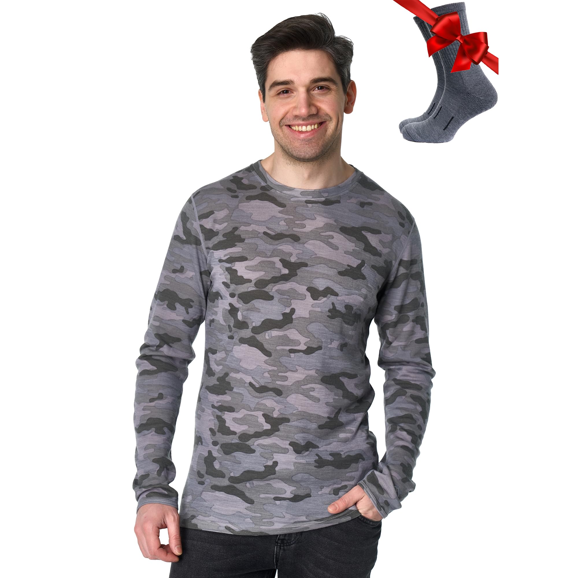 100% Merino Wool Base Layer Mens - Long Sleeve Thermal Shirts with Socks