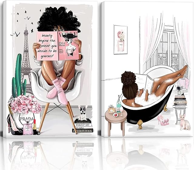 HONEYBABY 2 Pieces Framed African American Wall Art Modern Fashion Paris Pink White Afro Black Girls Women Canvas Wall Decor Pictures Posters Prints Artwork for Bathroom Living Room Bedroom Home