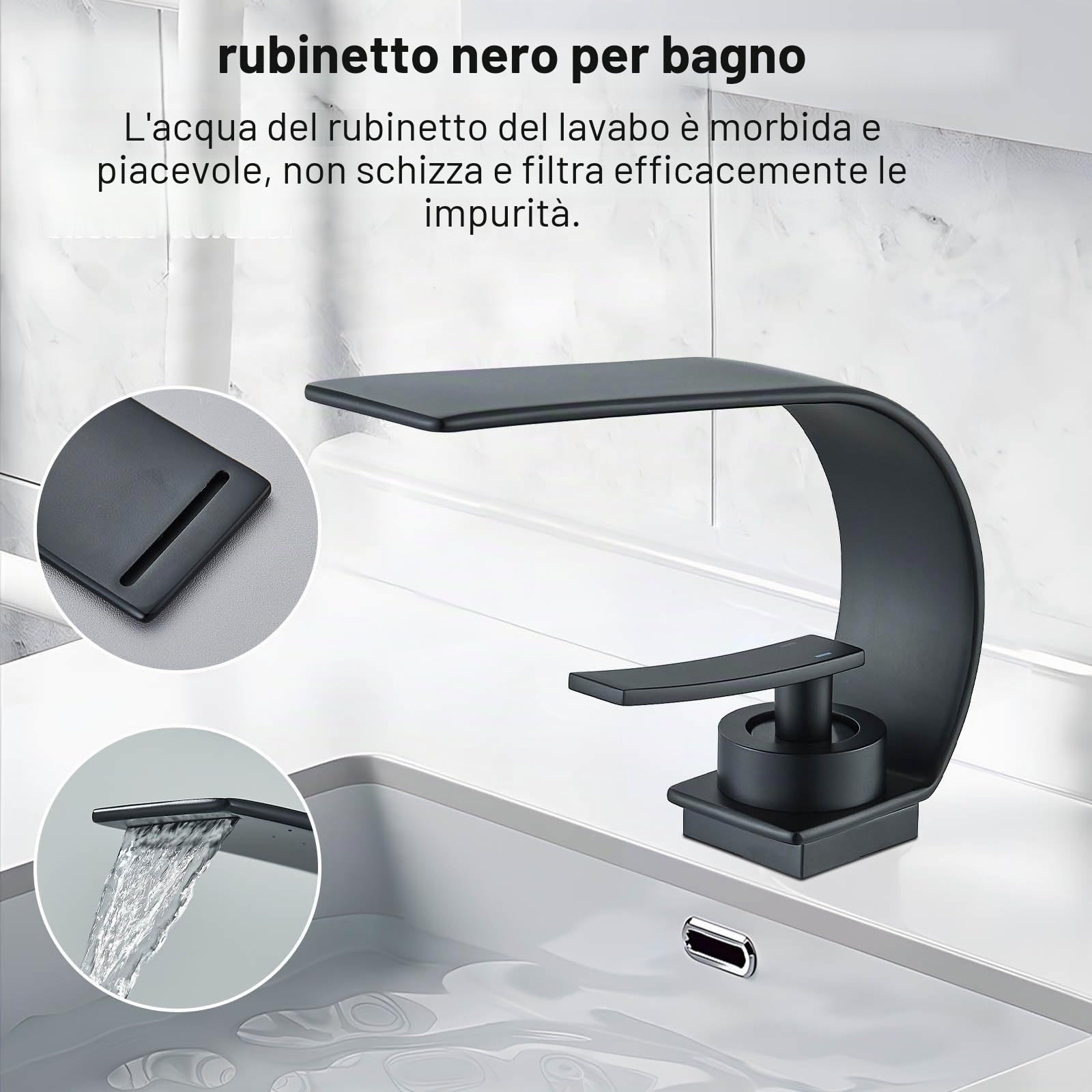 Rubinetto a cascata per bagno in acciaio inox, miscelatore monocomando con acqua calda e fredda, a risparmio energetico, nero