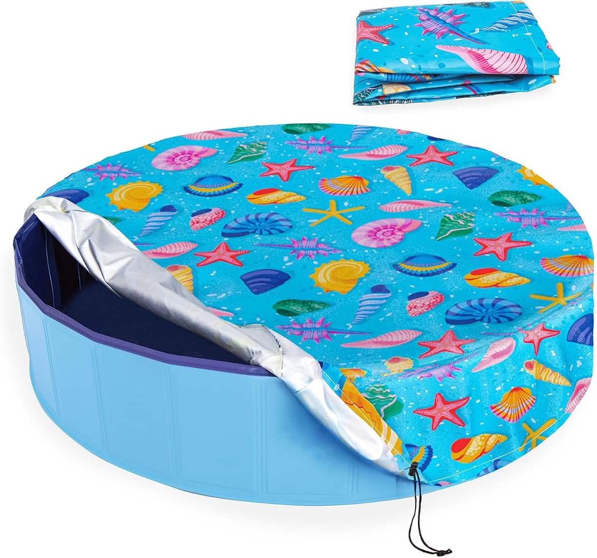 Round Dog Pool Cover 63"(5ft), Foldable Kiddie Solar Cover Fit Dog Collapsible Swimming Pool, Pets Kids Bath Tub, Anti-UV Dustproof Safety Pool Covers, Starfish Patterns