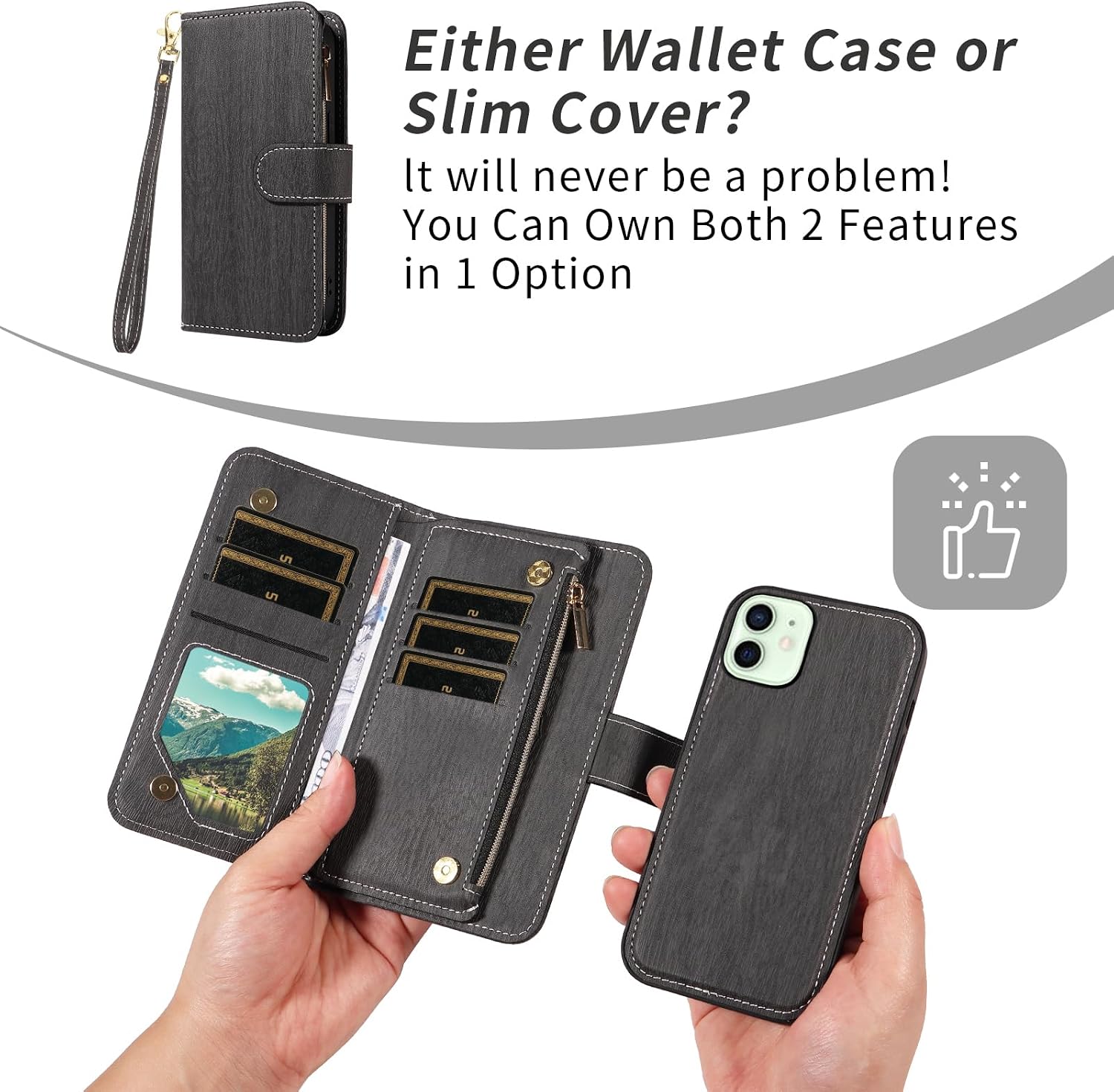 Asuwish Phone Case for iPhone 12 Pro iPhone12 6.1 Zipper Wallet Magnetic Detachable Cell Cover with Tempered Glass Screen Protector Crossbody Strap Card Holder iPhone12pro 5G i 12s 12pro Women Black