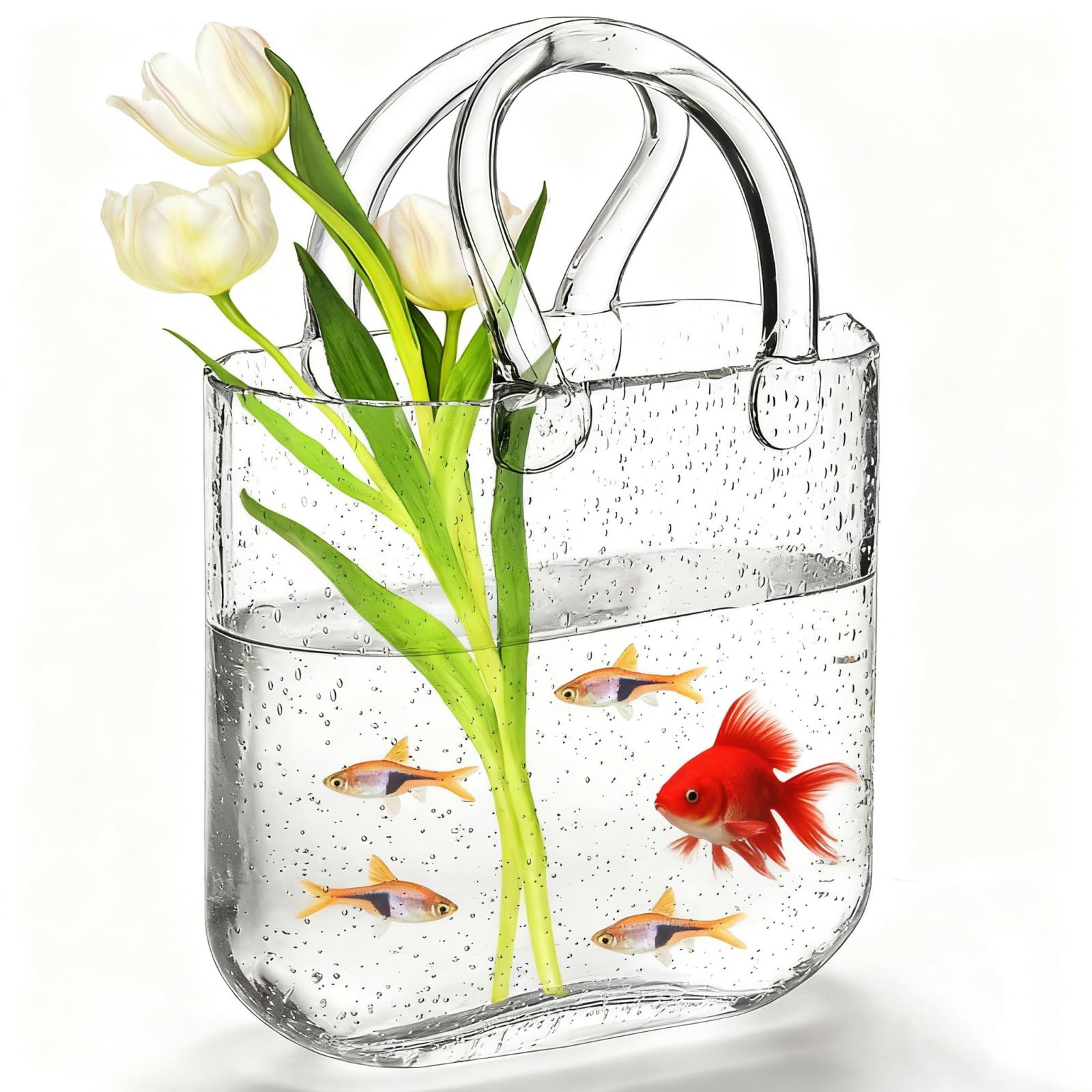 Noamus Purse Vase for Flowers, Unique Clear Glass Bag Vases with Handle, Handbag Shape Flower Vase Fish Bowl, Wide Mouth Bubble Vases for Wedding Birthday Centerpieces, Home Garden Decor(Transparent)