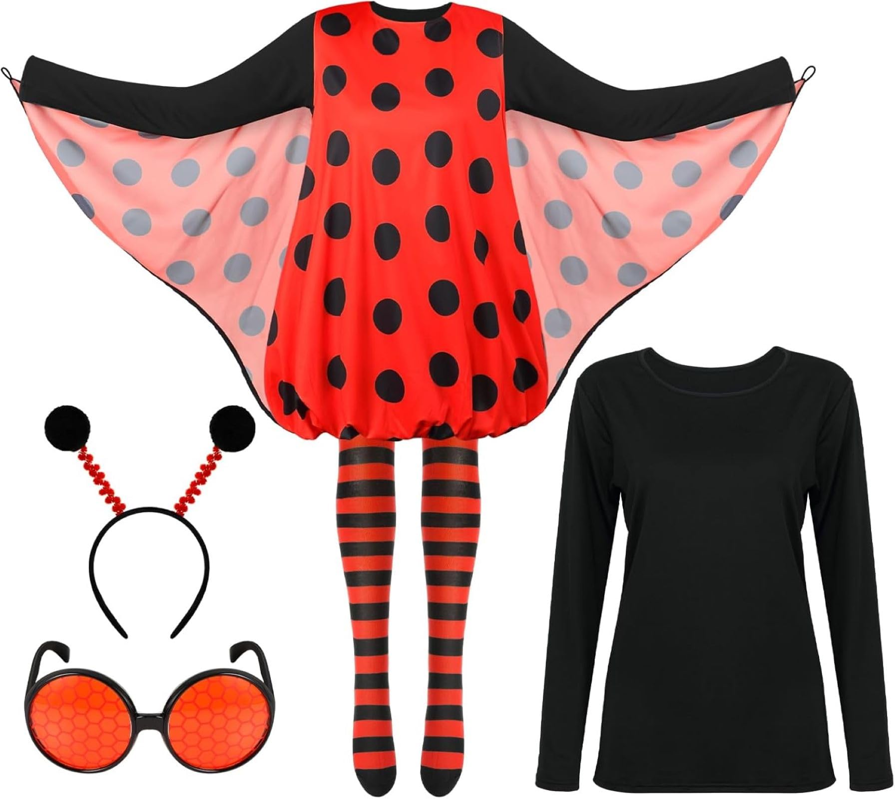 Hestya 5 Pack Halloween Women Ladybug Costume Set including Cosplay Ladybug Wing Dress Headband Glasses Long Sleeve Top Socks (X-Large)